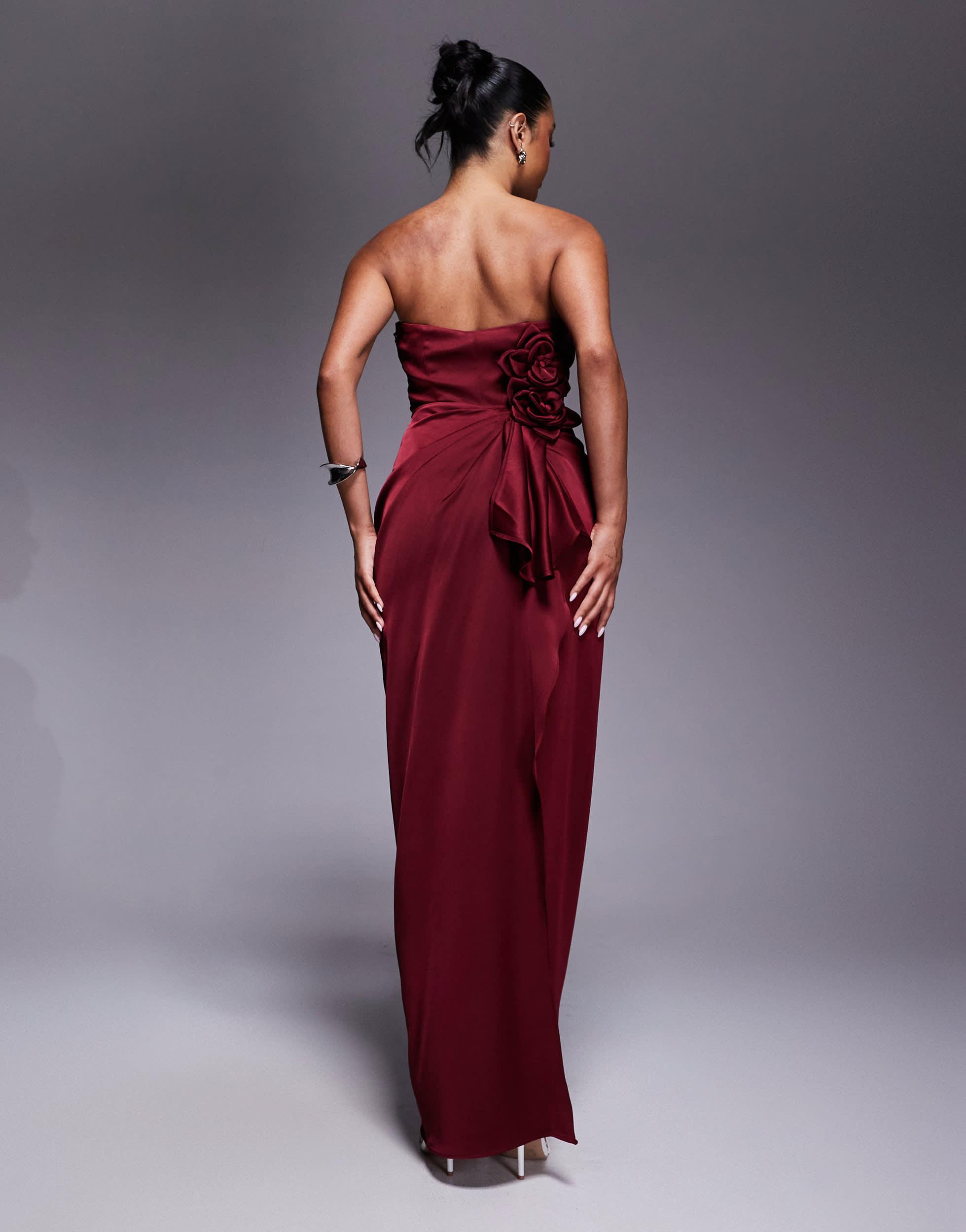 Jarlo Bandeau Satin Maxi Dress With Bow Back in Red