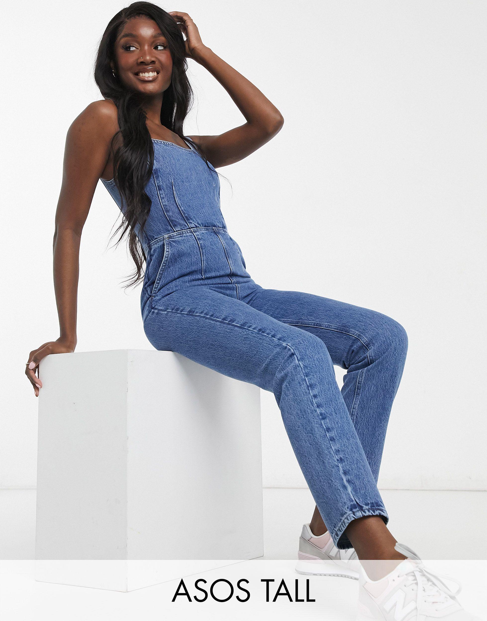 ASOS Asos Design Tall Denim Square Neck Fitted Jumpsuit in Blue | Lyst