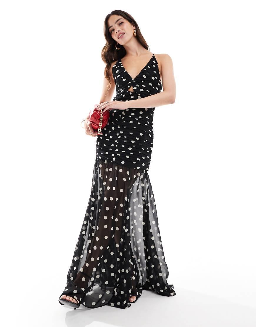 Vestido Largo Con Estampado De Lunares Y Abertura De Mango