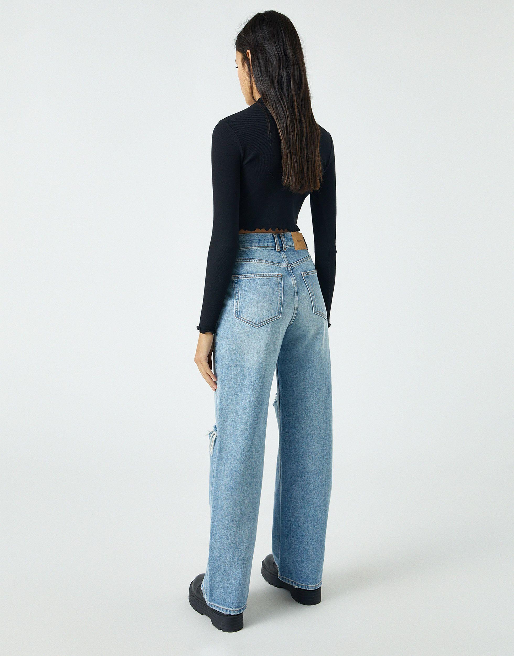 Pull&Bear 90's Straight Leg Jeans With Rips in Blue | Lyst