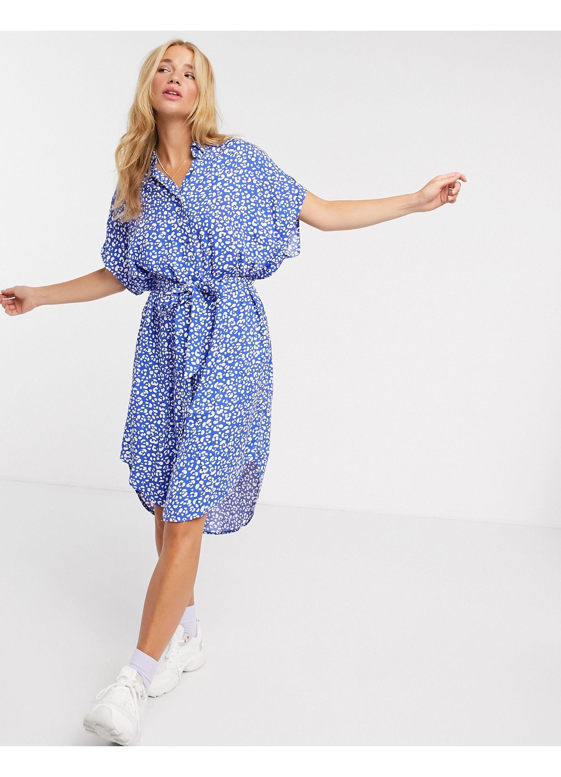 Monki Ninni Leopard Print Belted Mini Shirt Dress in Blue | Lyst