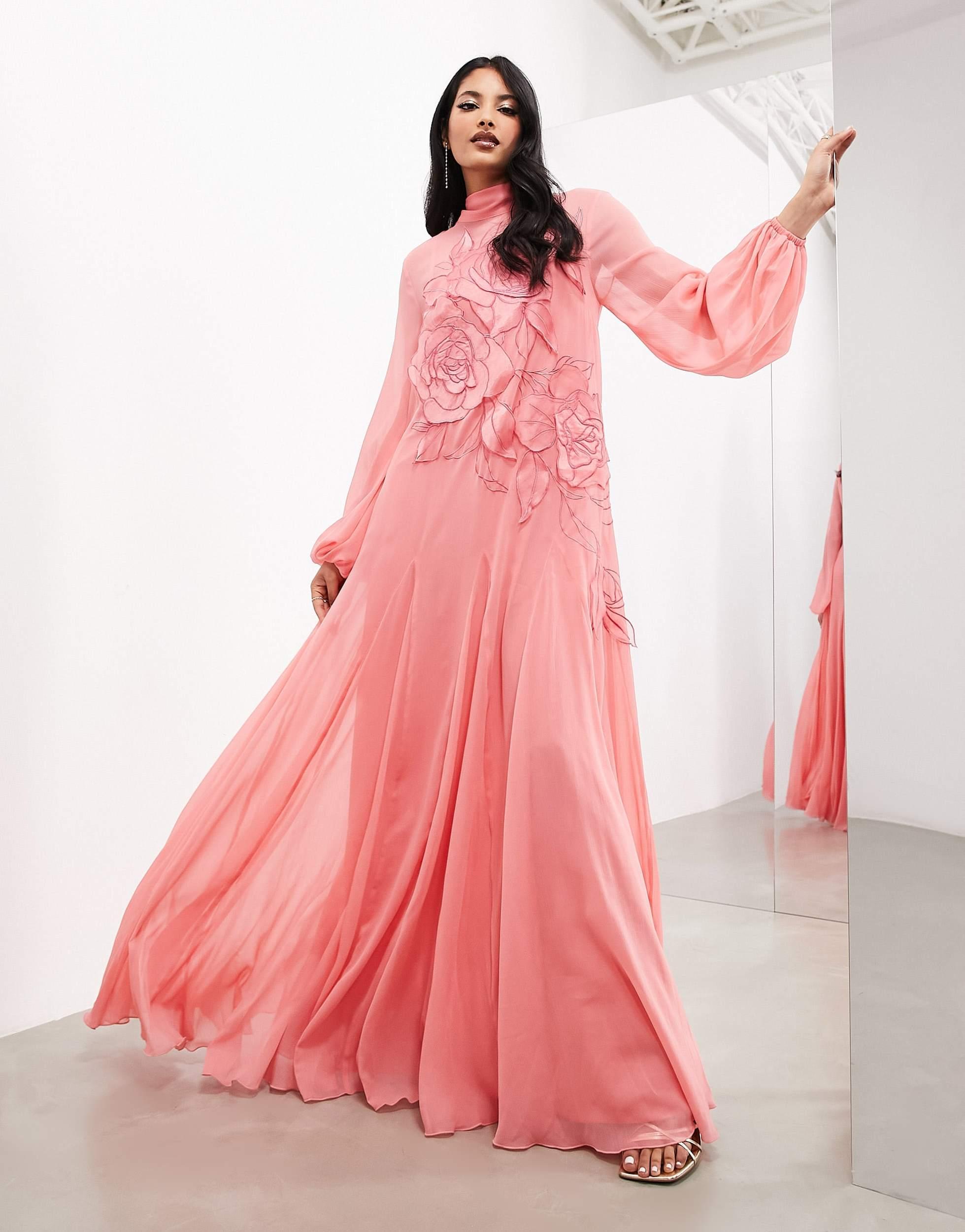 ASOS Applique Floral Tie Neck Blouson Sleeve Trapeze Maxi Dress in Pink |  Lyst