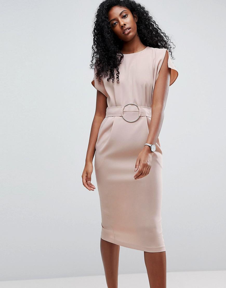 asos design split cap sleeve midi pencil dress with buckle