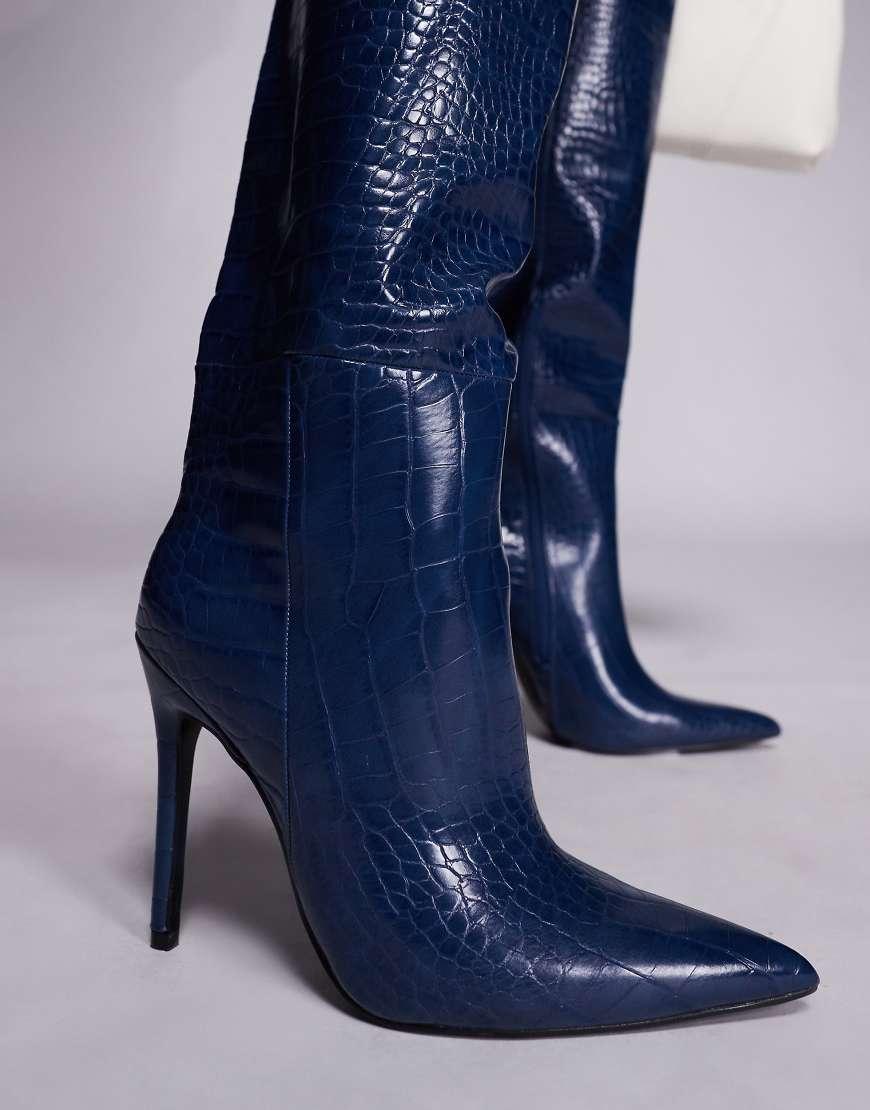 Public Desire Nova Pointed Toe High Heeled Knee Boots in Blue