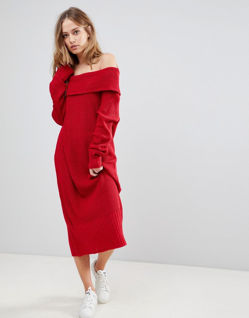 red off the shoulder knit dress