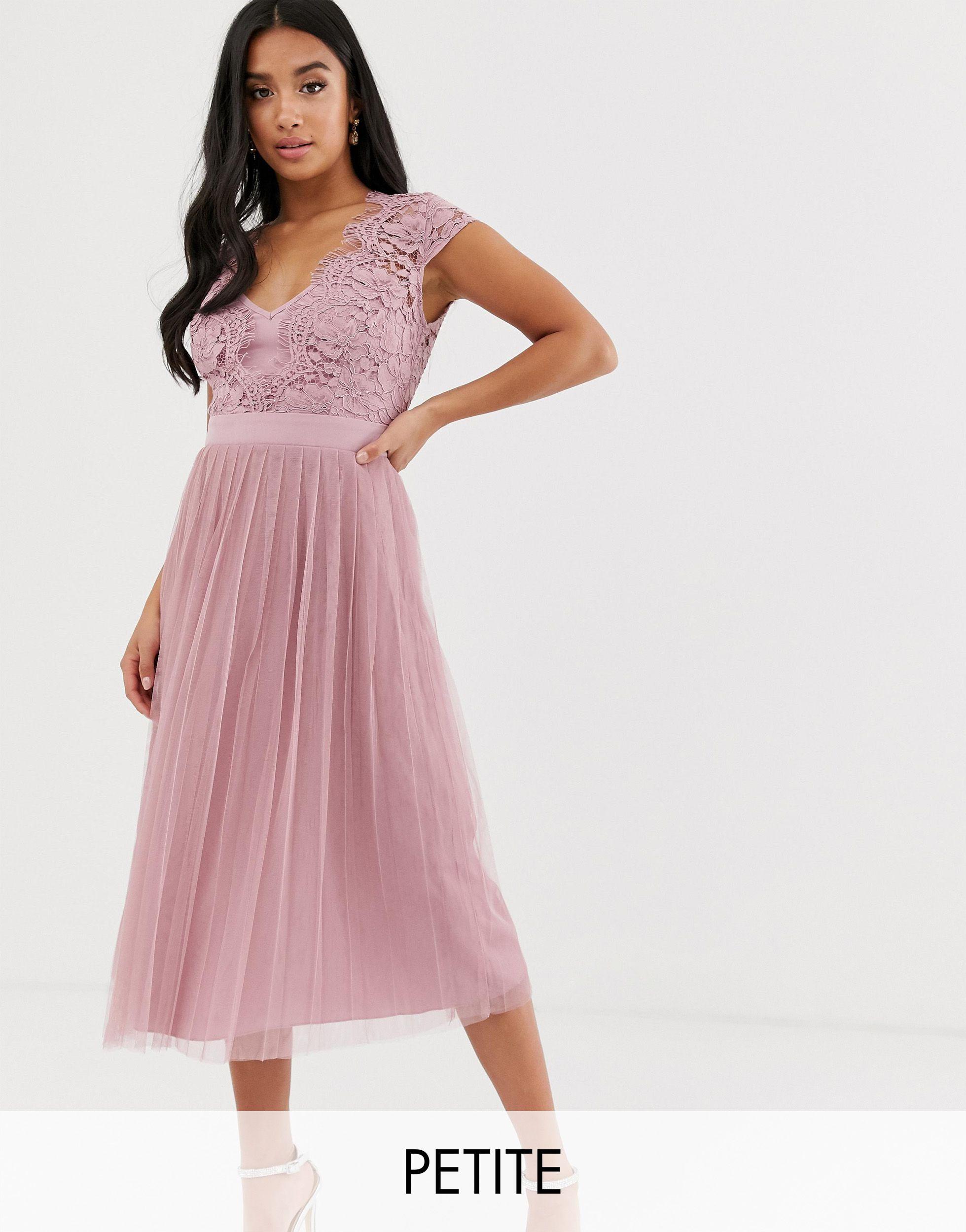 Little Mistress Capped Sleeve Lace Midi Dress With Tulle Skirt in Pink |  Lyst