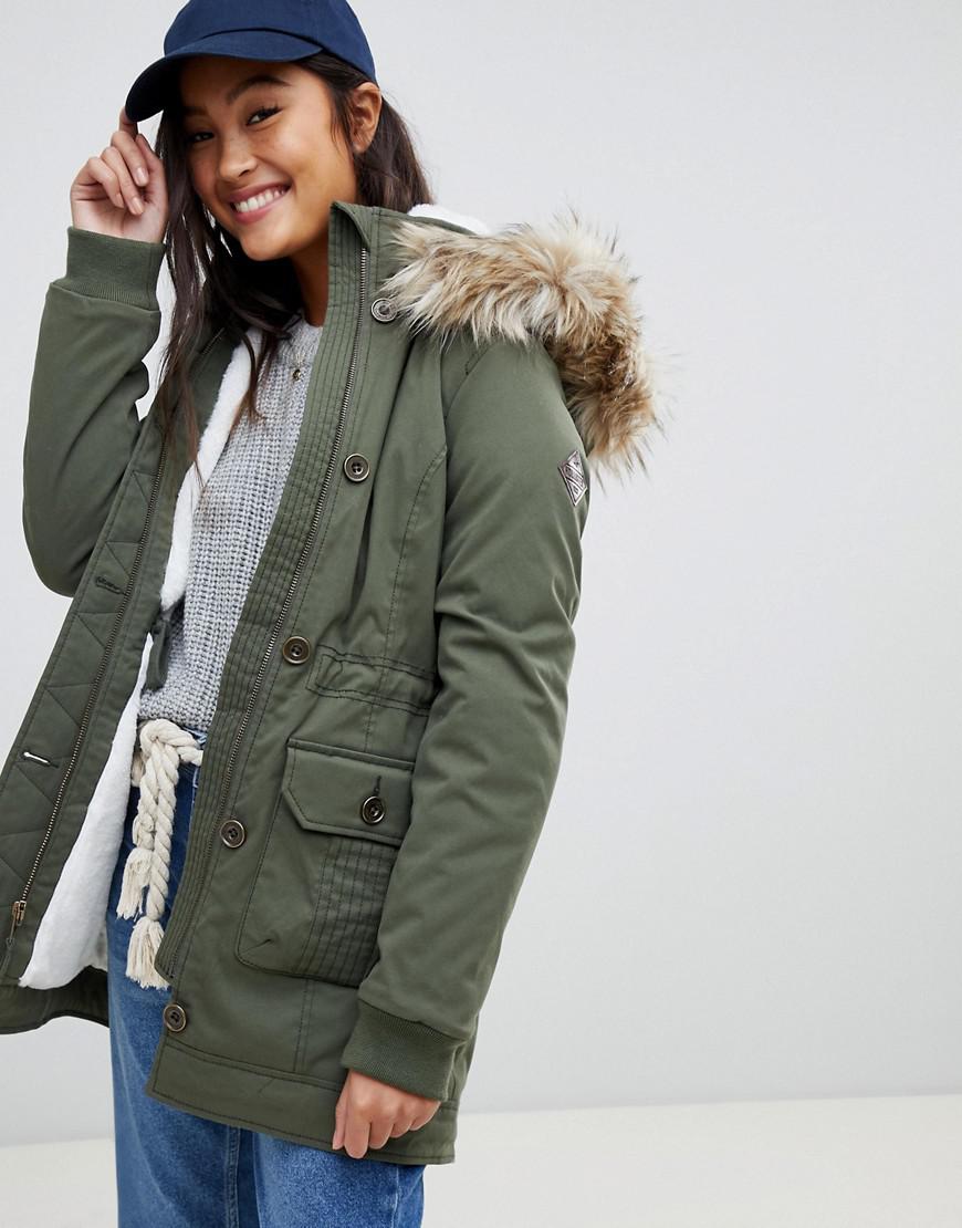 Hollister Synthetic Teddy Lined Parka Jacket With Faux Fur Hood in Green -  Lyst