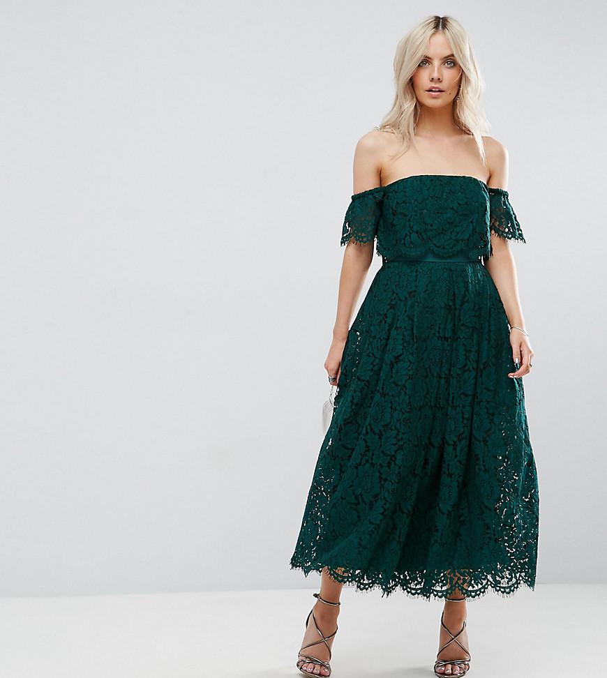 Asos Off The Shoulder Lace Prom Midi Dress In Green | Lyst