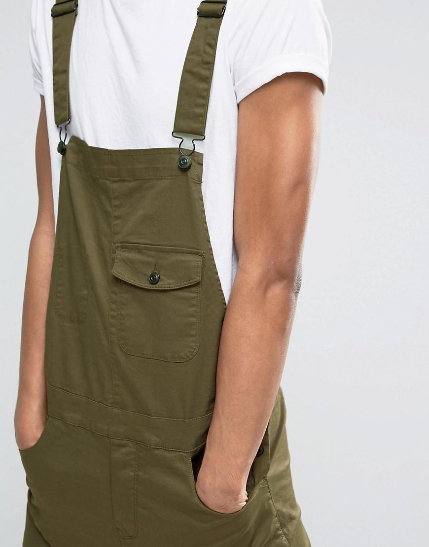ASOS Cotton Short Dungarees In Khaki Twill in Green for Men Lyst