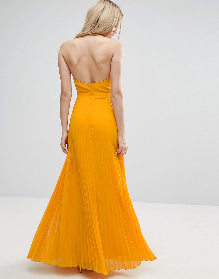 ASOS Chiffon Halter Neck Pleated Maxi Dress With Open Back in Yellow - Lyst