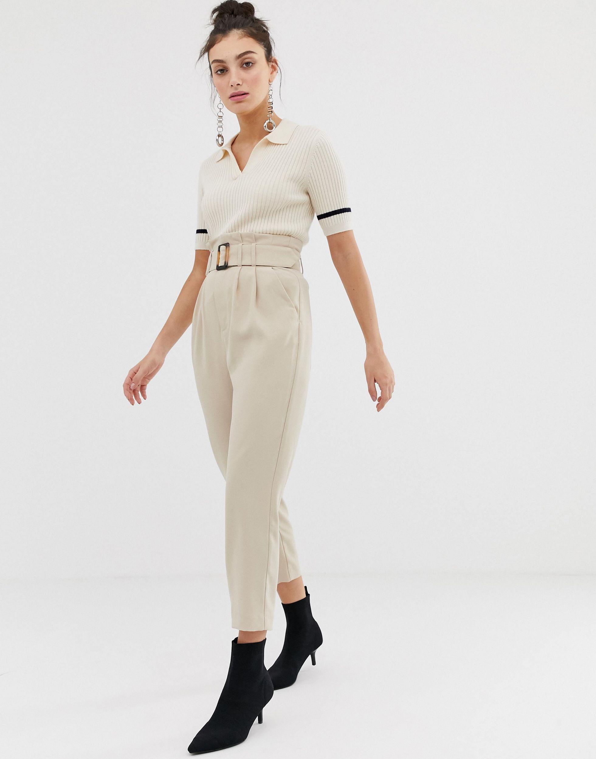 Stradivarius Denim Belted Trouser in Beige (Natural) | Lyst