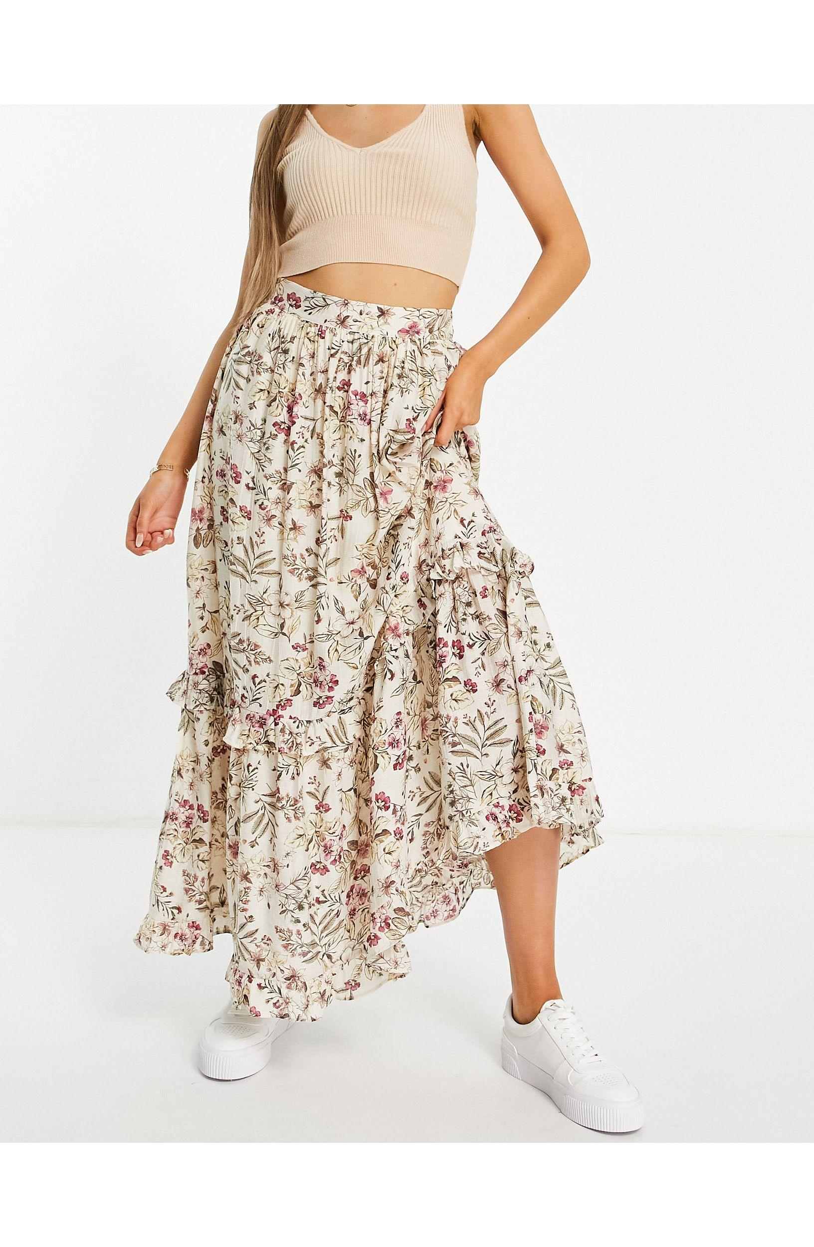 Mango Floral Tiered Midi Skirt in White | Lyst