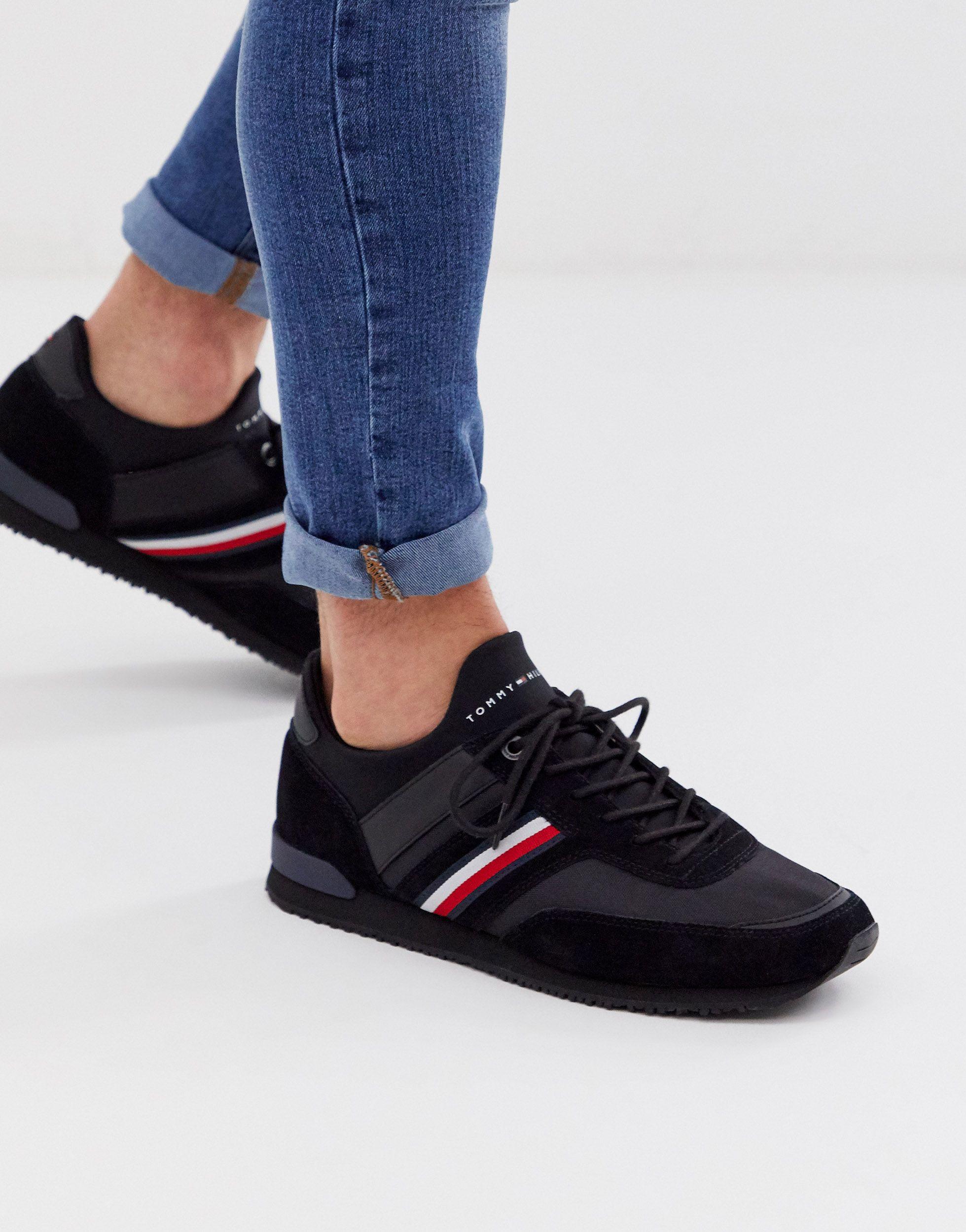 Tommy Hilfiger Synthetic Iconic Logo Leather Suede Mix Runner Trainer in  Black for Men | Lyst