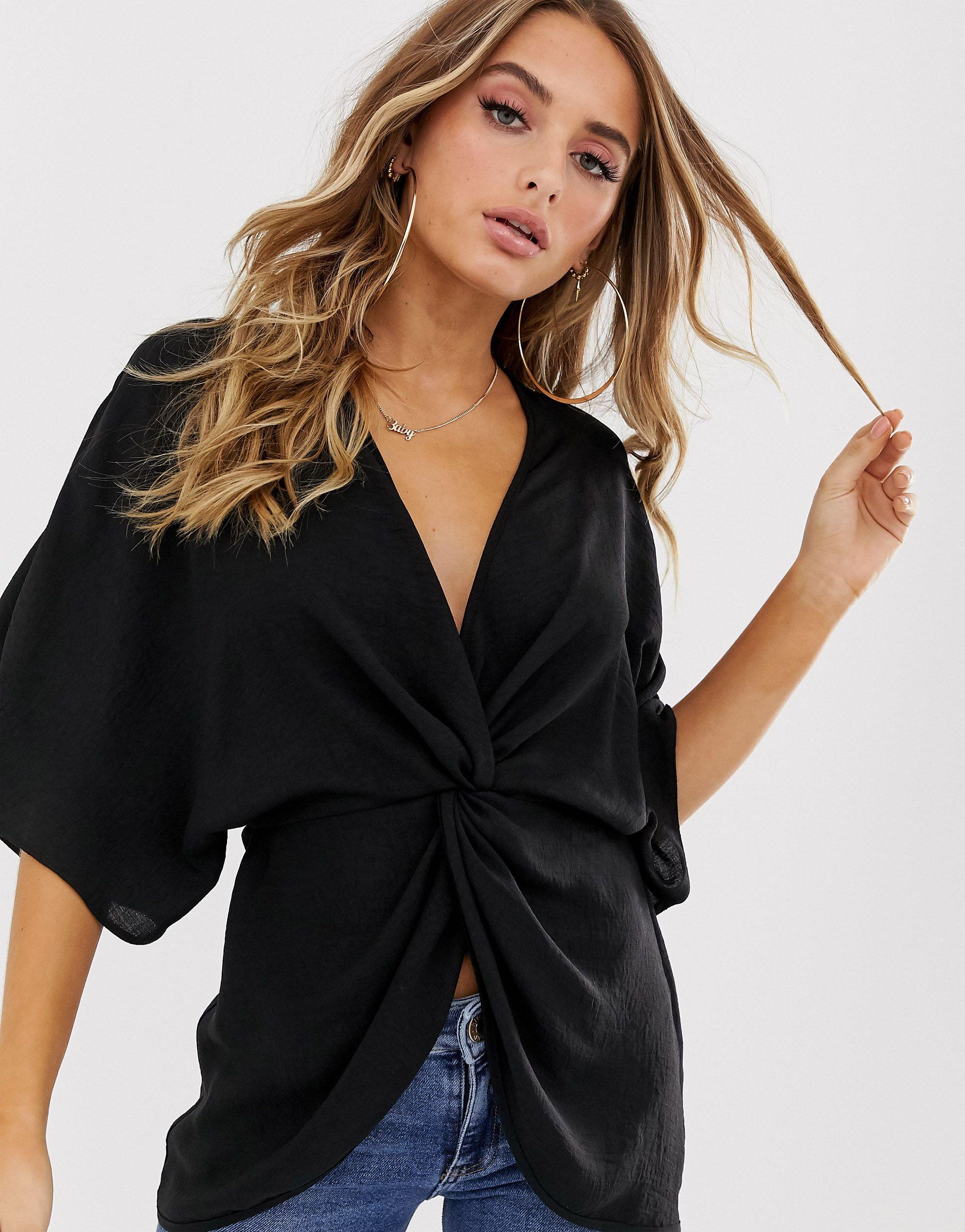 ASOS Knot Front Top With Kimono Sleeve in Black | Lyst