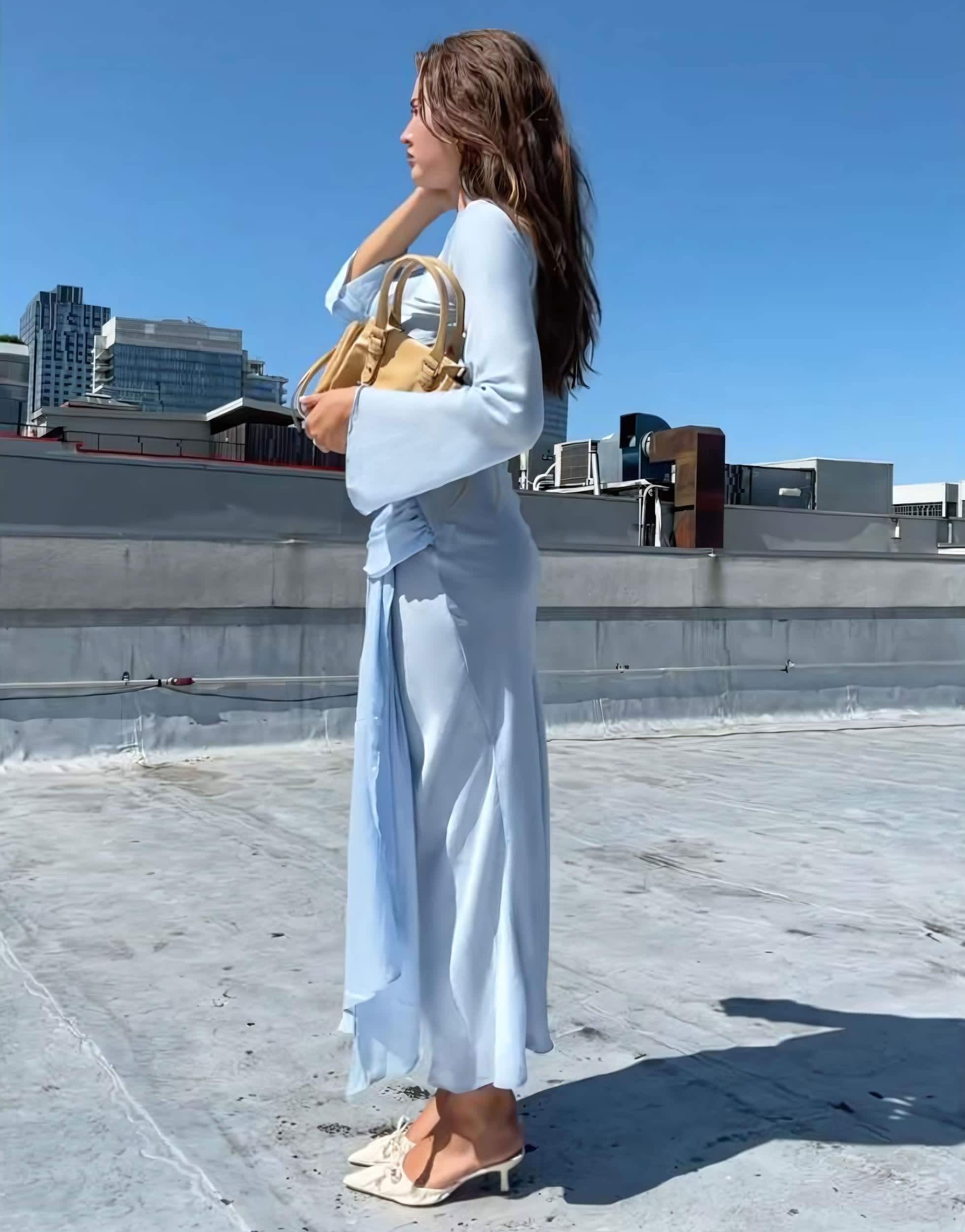 ASOS Long Sleeve Dropped Belt Satin Maxi Dress in Blue | Lyst