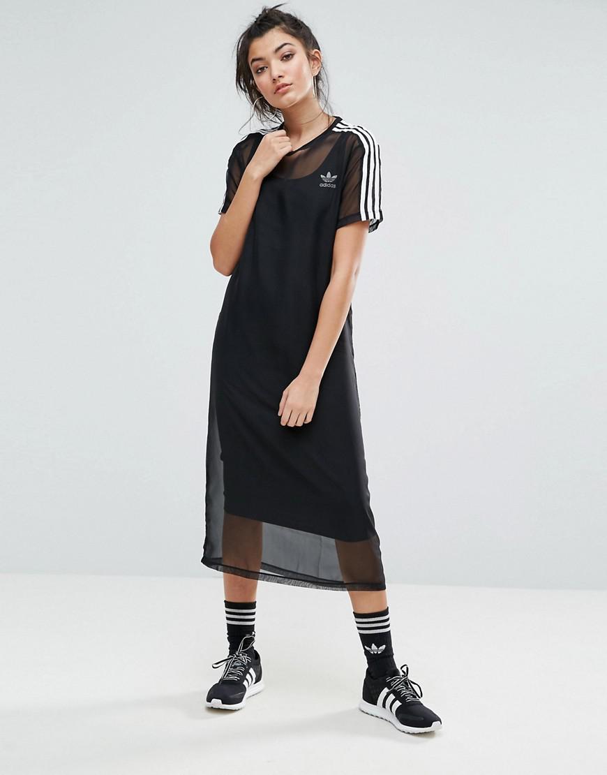 adidas Originals Originals Black Midi Dress With Sheer Mesh Overlay | Lyst