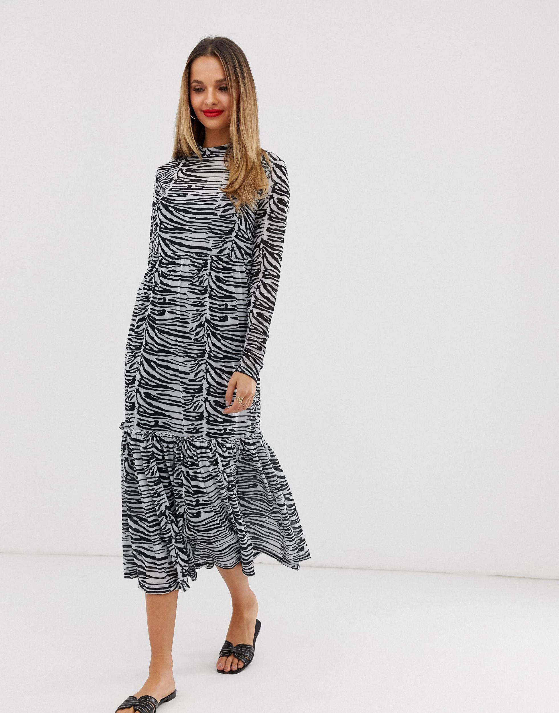 zebra print mesh midi dress