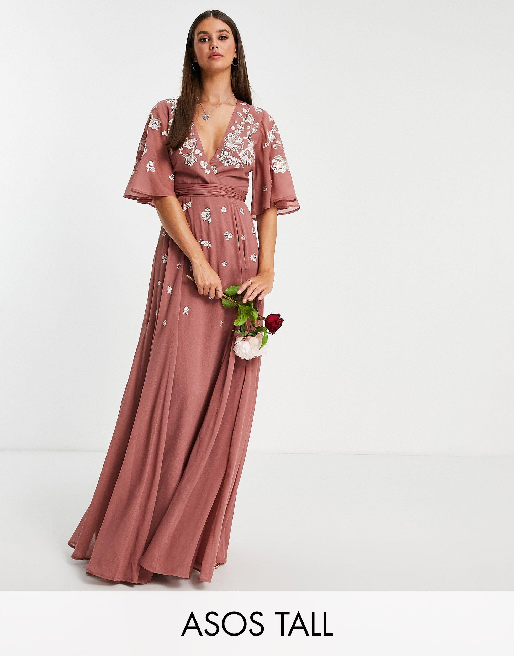 ASOS Asos Design Tall Bridesmaid Flutter Sleeve Wrap Waist Maxi Dress