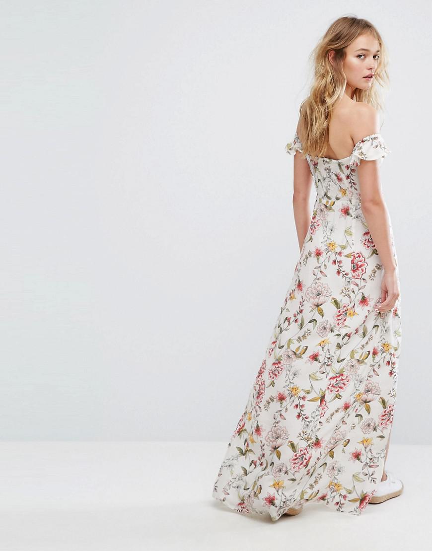 Bershka Synthetic Floral Printed Split From Maxi Dress in White - Lyst