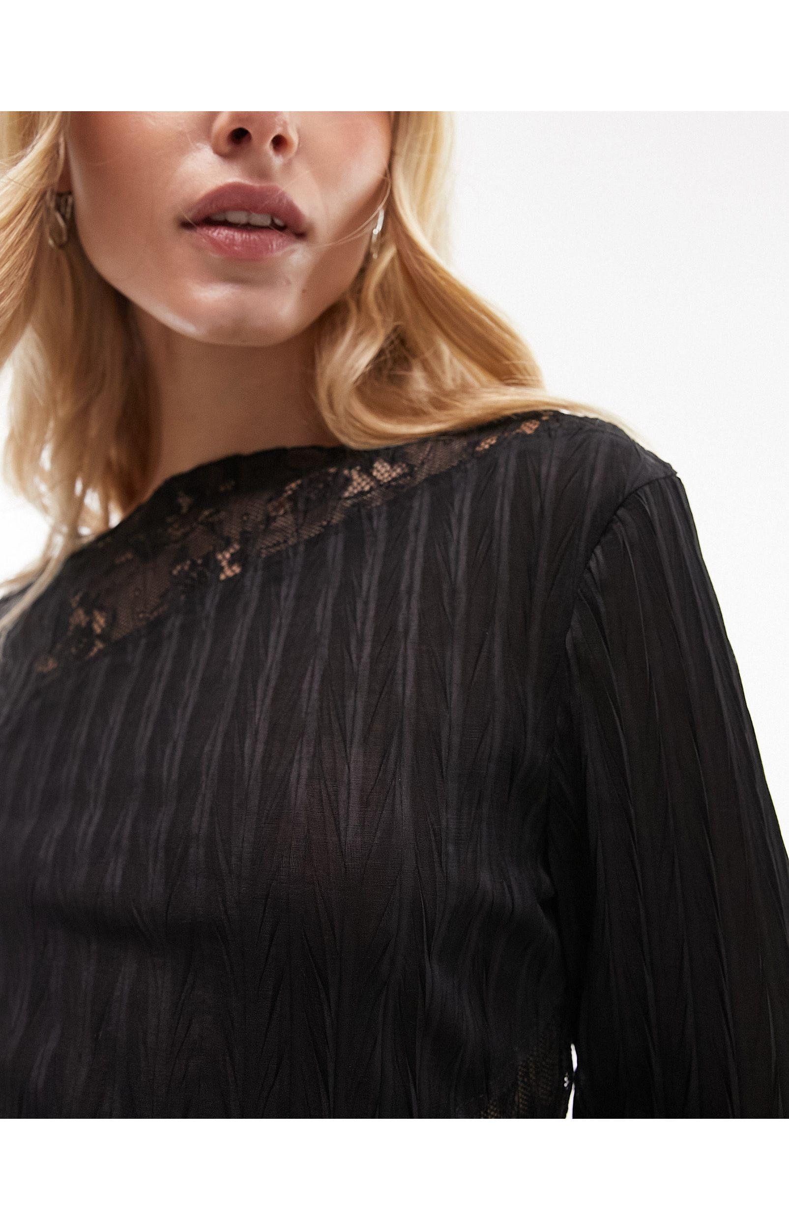 TOPSHOP Crinkle Lace Long Sleeve Top in Black