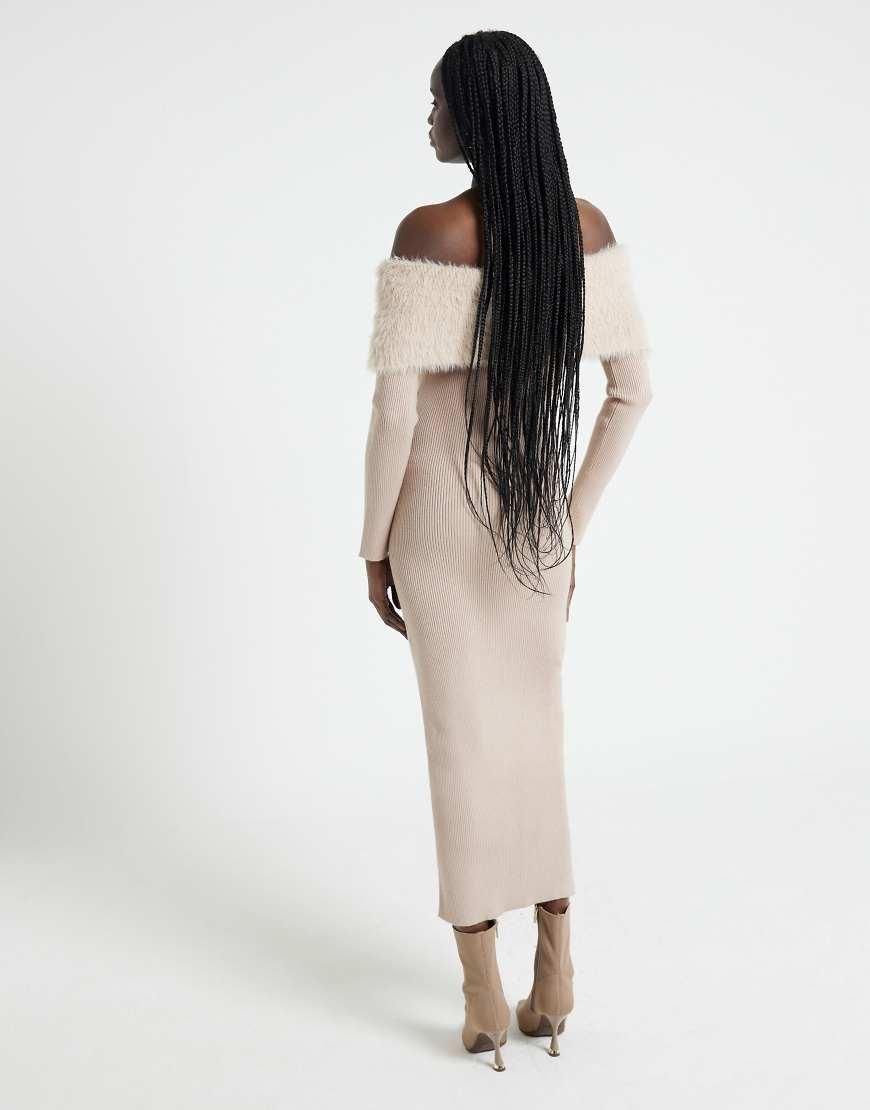 River Island Bardot Knitted Midi Dress With Fluff Detail in