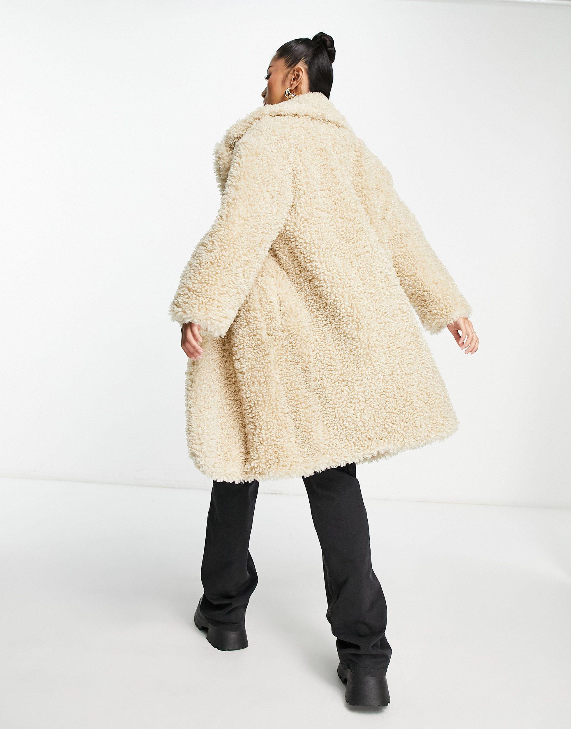 Stradivarius Double Button Teddy Coat in Natural | Lyst