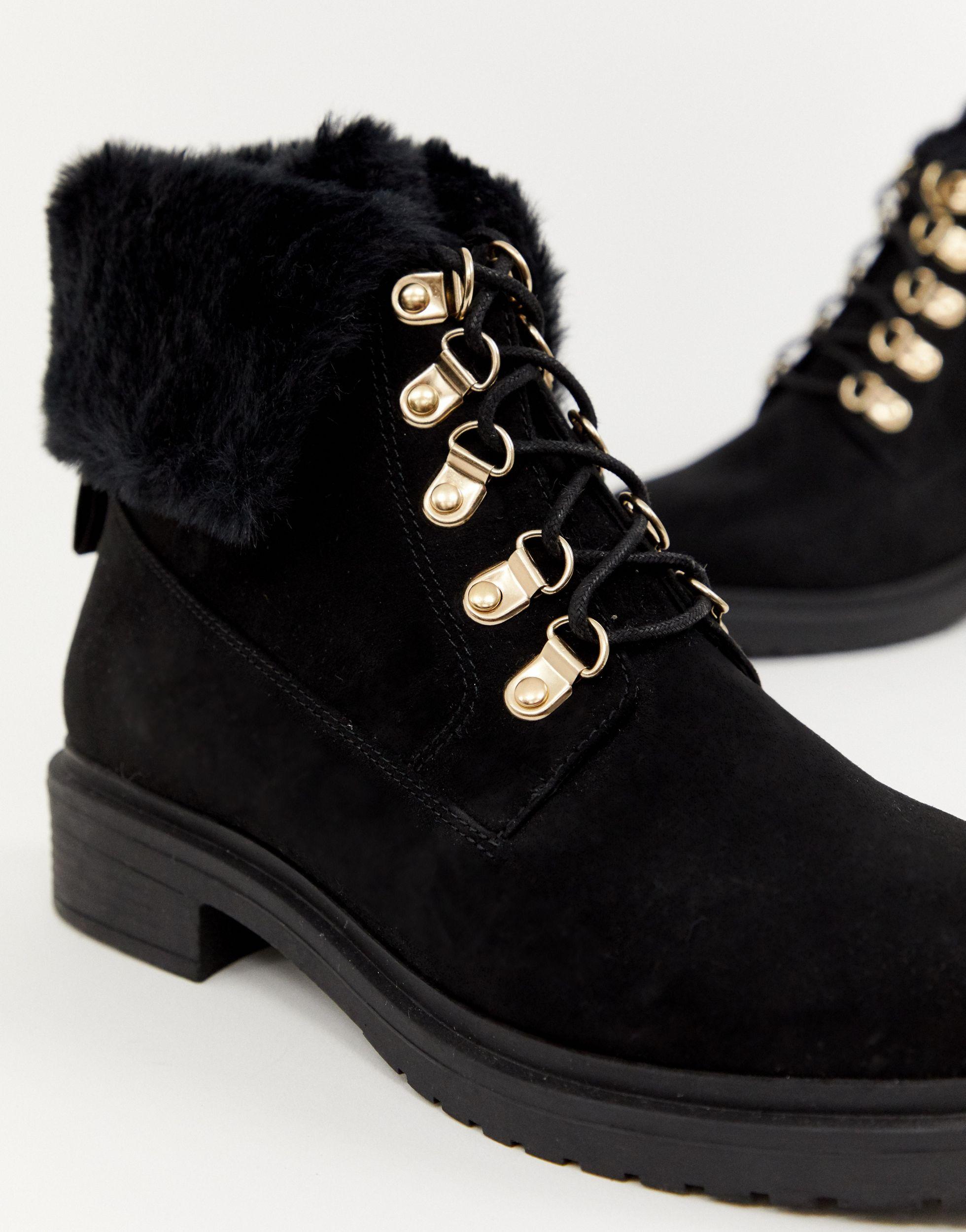 Miss Selfridge Lace Up Ankle Boots With Faux Fur Lining in Black - Lyst