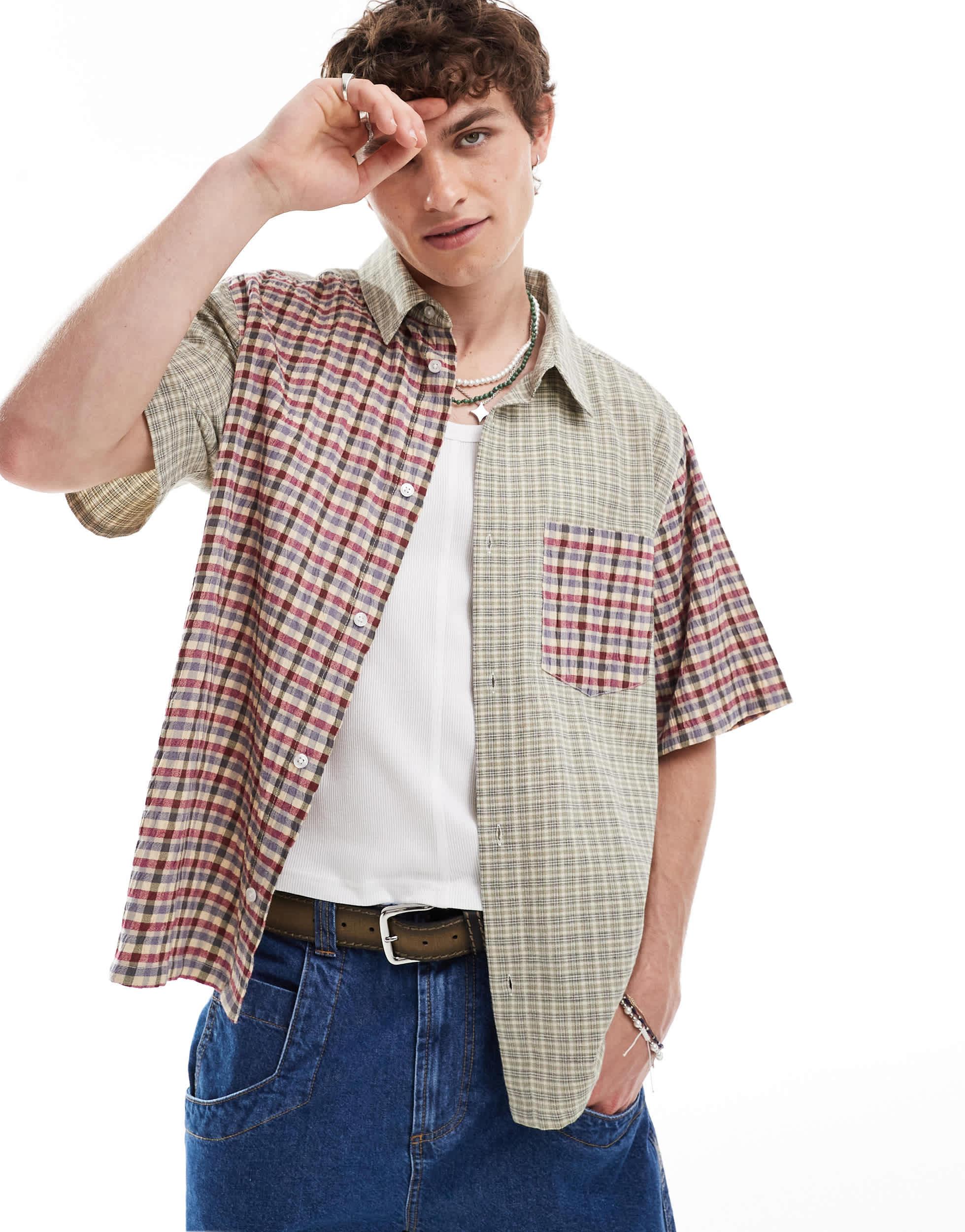 Chemise oversize coupe carree a carreaux facon plusieurs empiecements Reclaimed vintage pour homme en coloris Gris Lyst