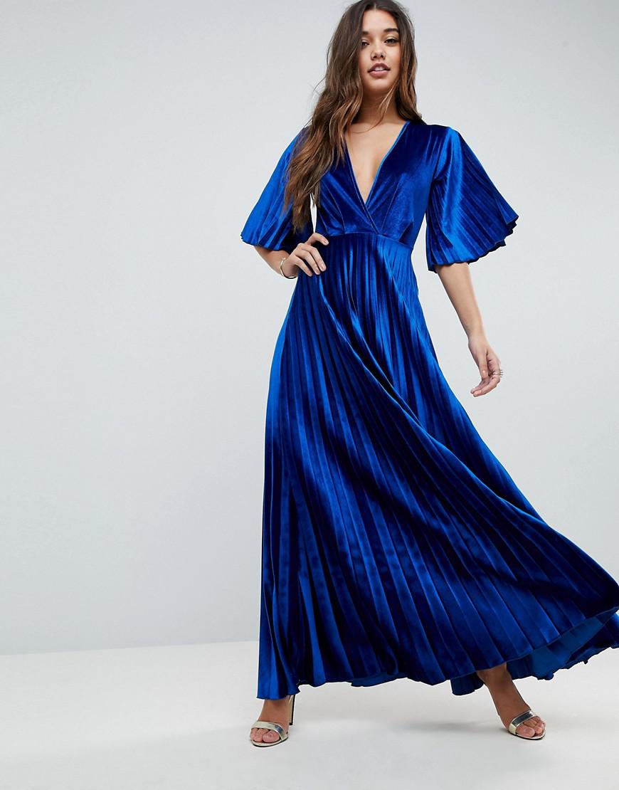 ASOS Pleated Velvet Kimono Maxi Dress in Blue | Lyst