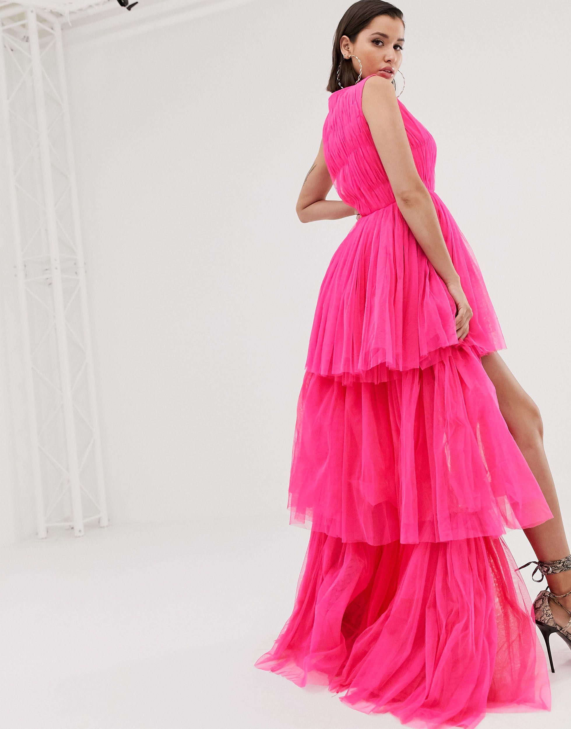 LACE & BEADS Tulle Layered Maxi Dress in Pink | Lyst