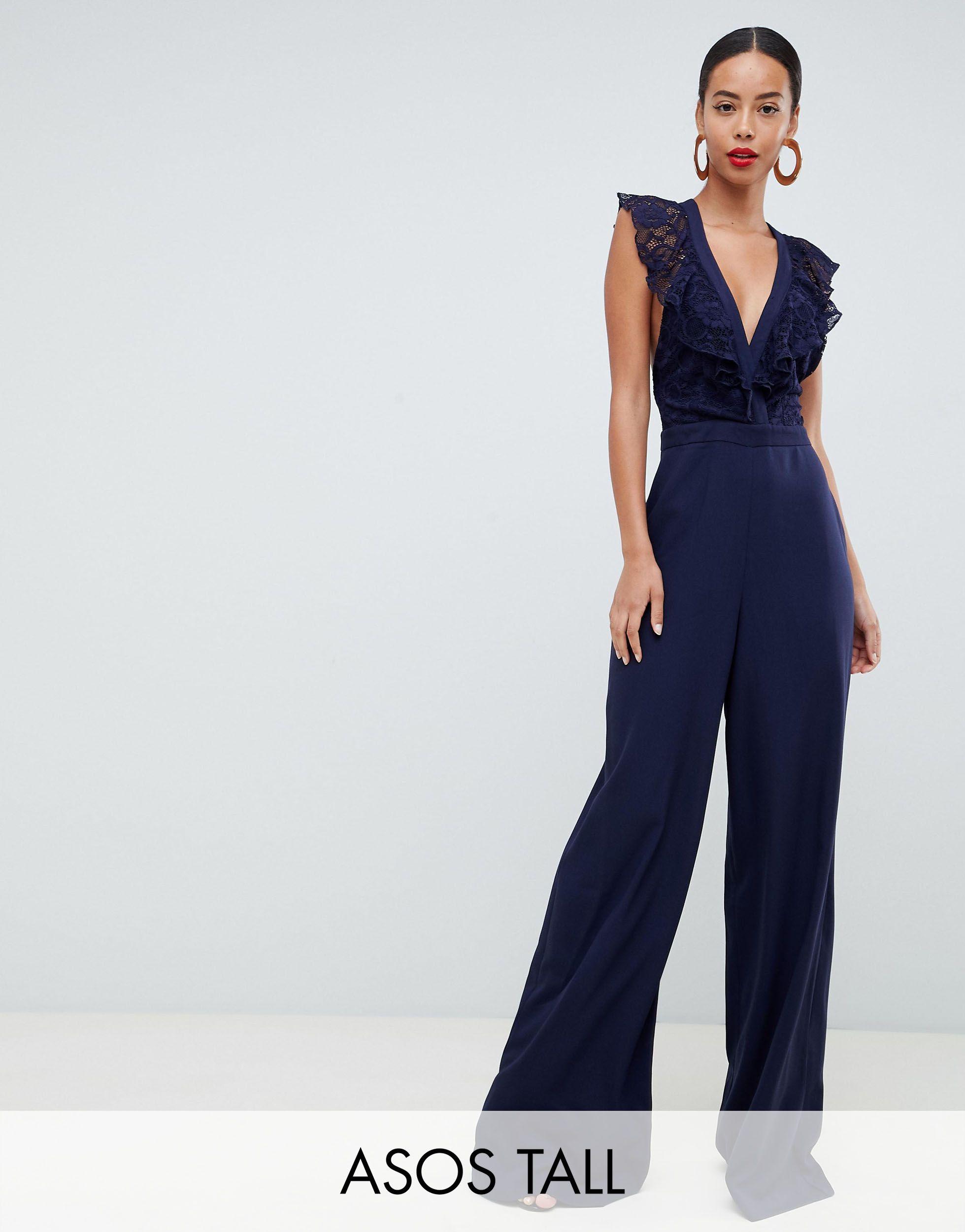ASOS Asos Design Tall Wrap Lace Jumpsuit With Wide Leg in Blue | Lyst