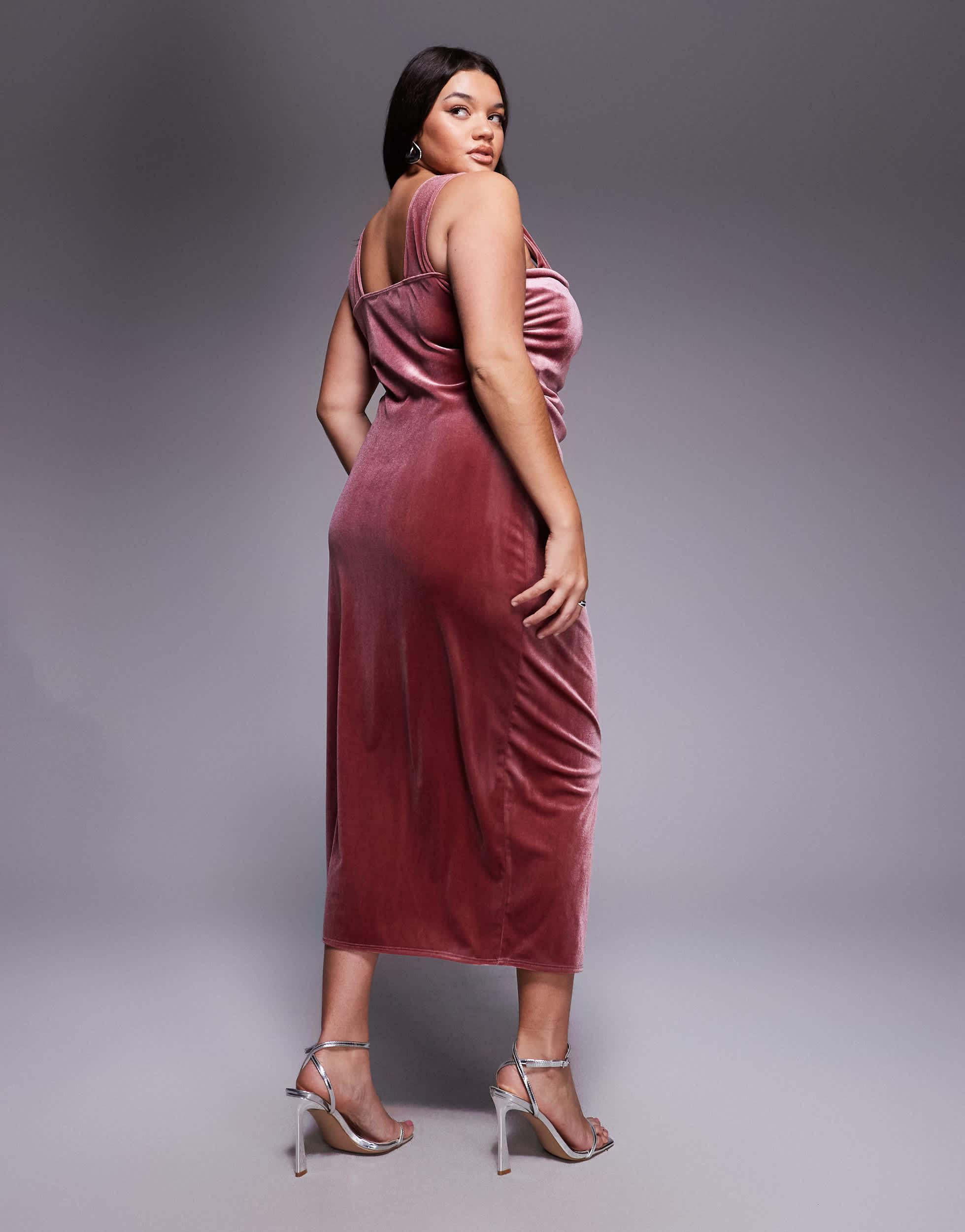 ASOS Asos Design Curve Velvet Curved Neckline Midi Dress With Slit