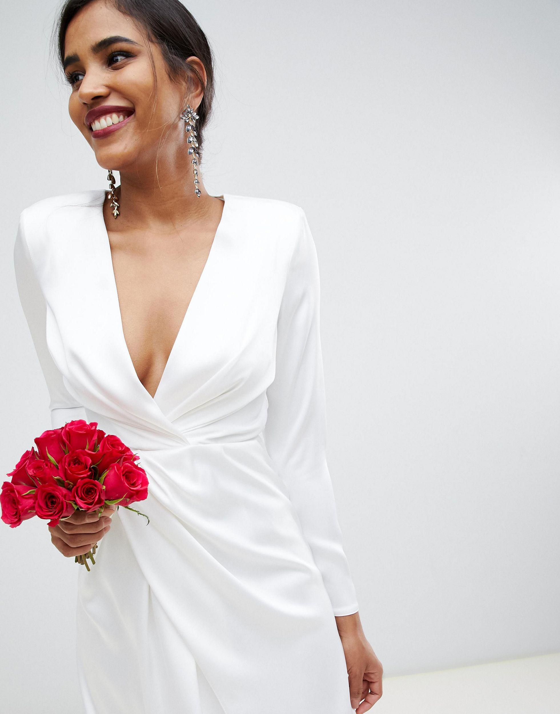 ASOS Satin Sadie Pleated Plunge Wrap Wedding Dress in White | Lyst