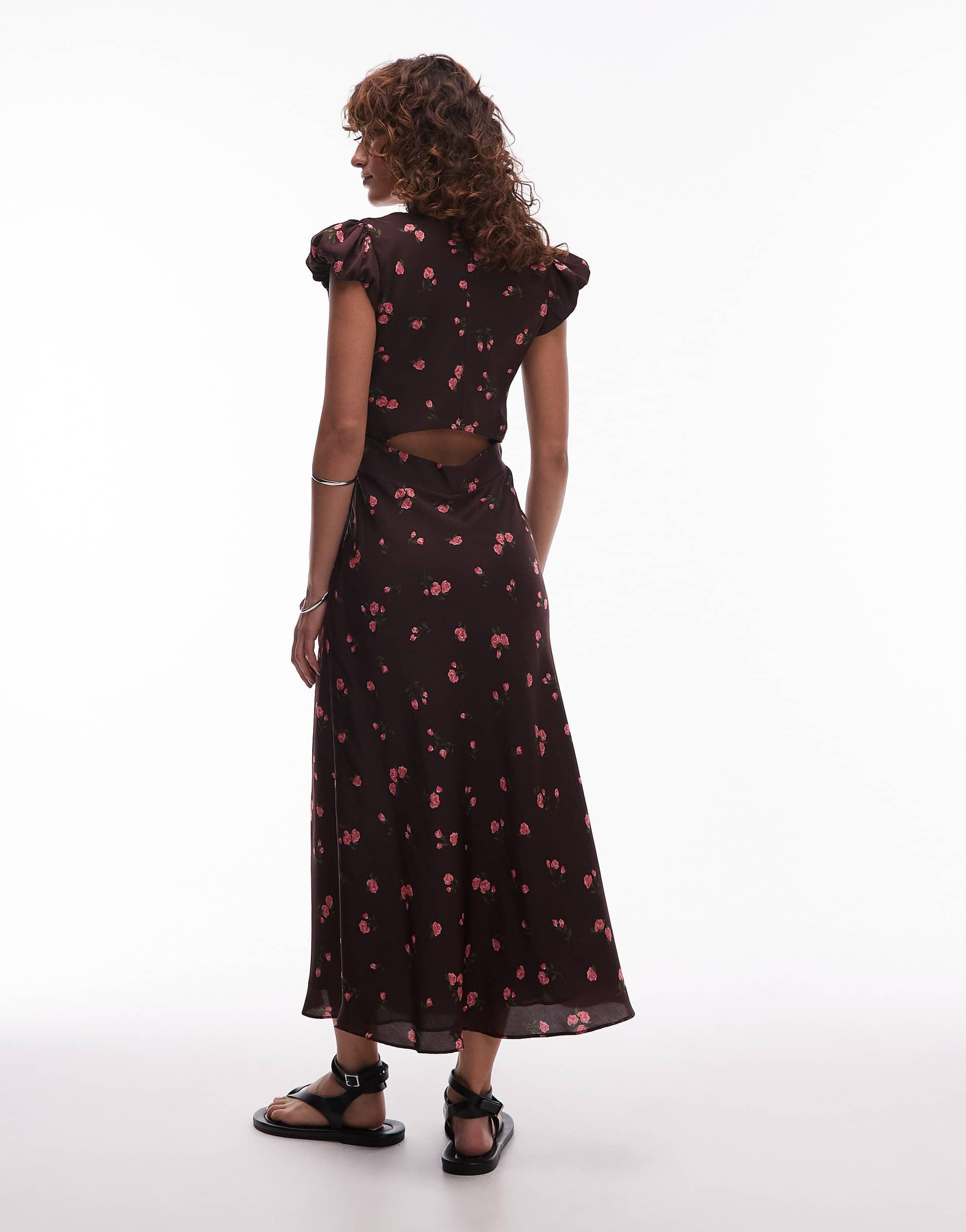 mango brown floral dress Scoop Neck Midi in Elevate your wardrobe with