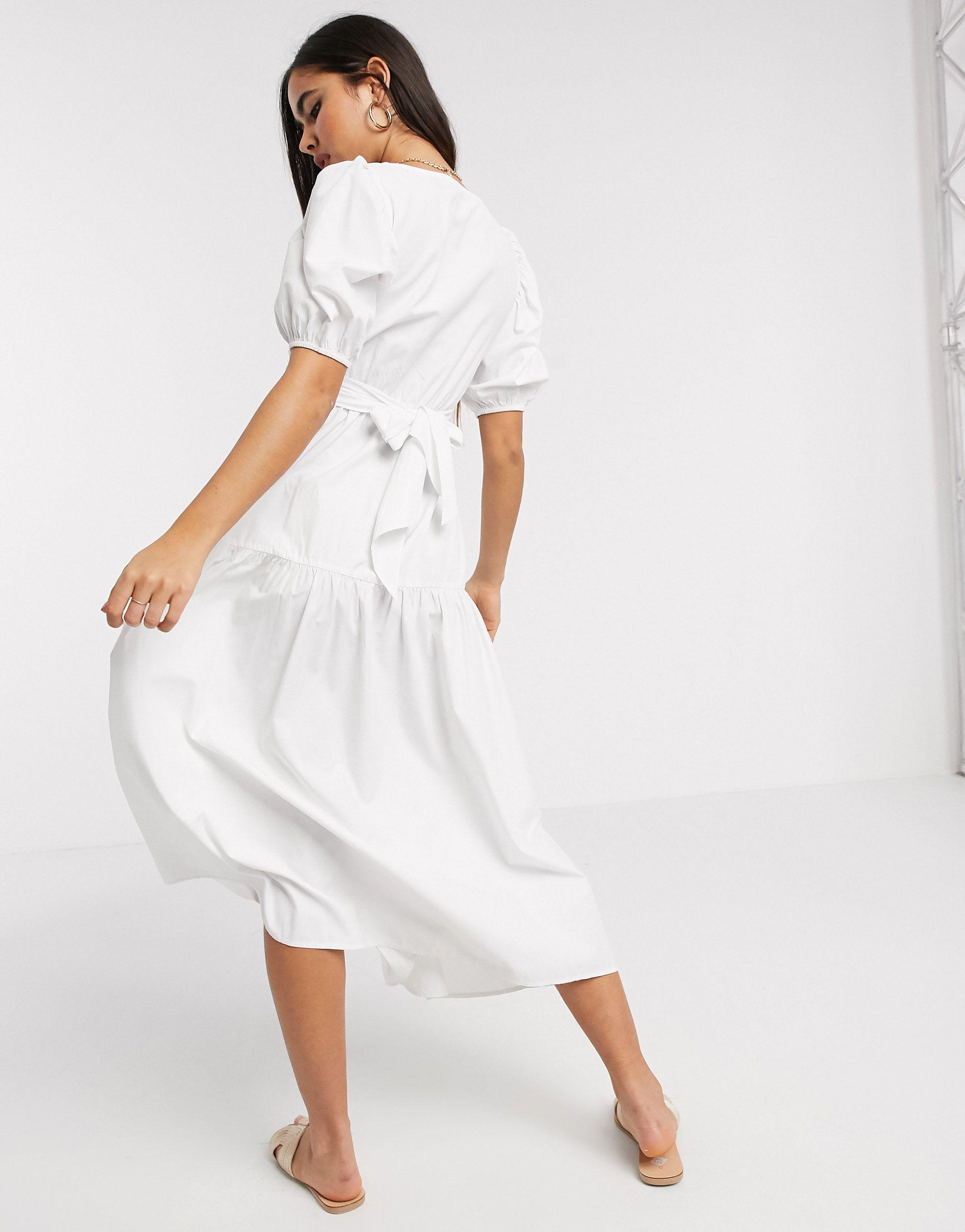 Stradivarius Poplin Midi Dress With Belt in White | Lyst