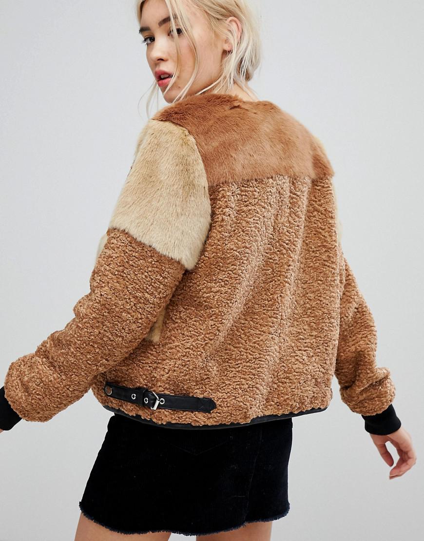 red patchwork fuzzy hooded coat