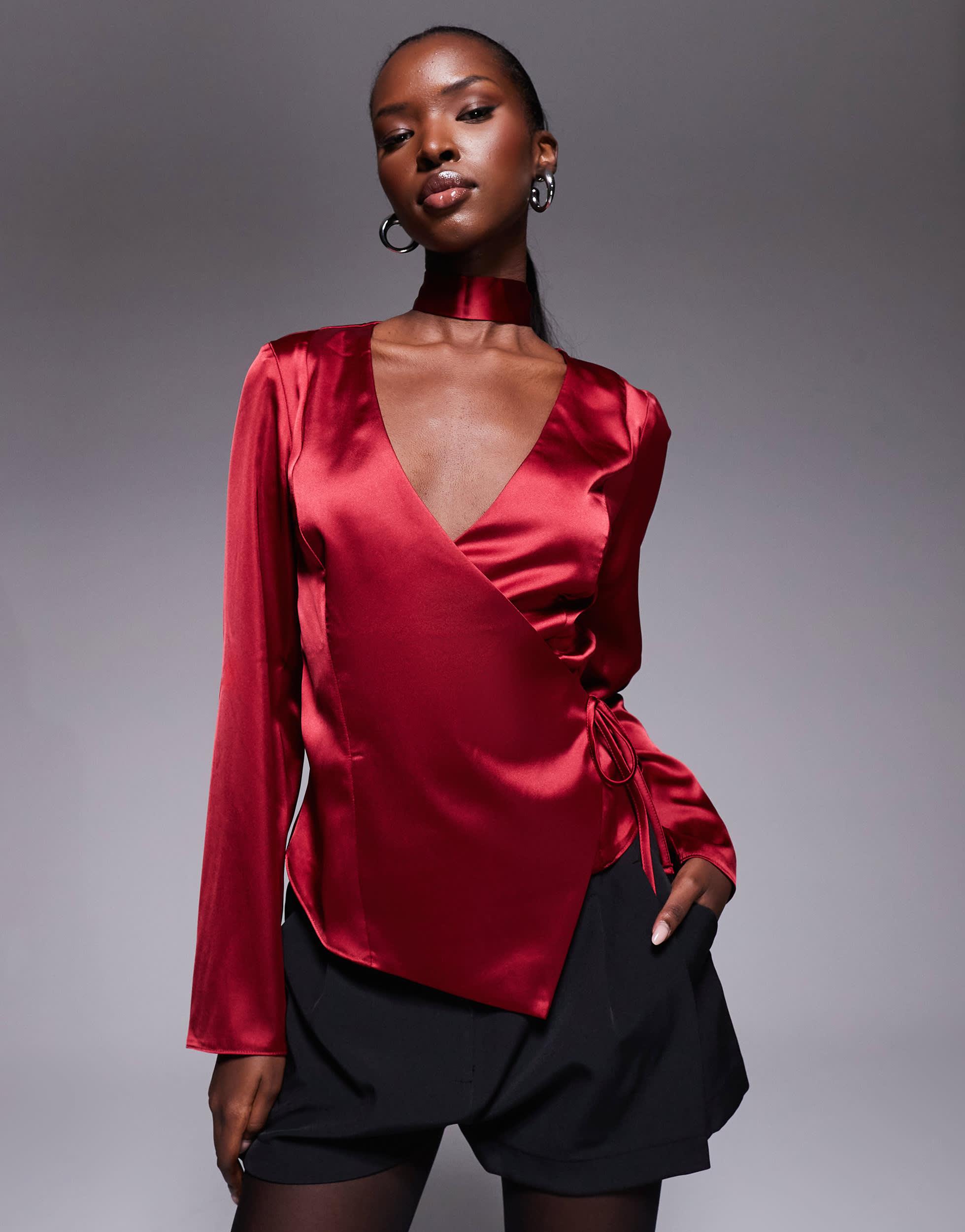 ASOS Satin Scarf Detail Wrap Blouse in Red Lyst Canada