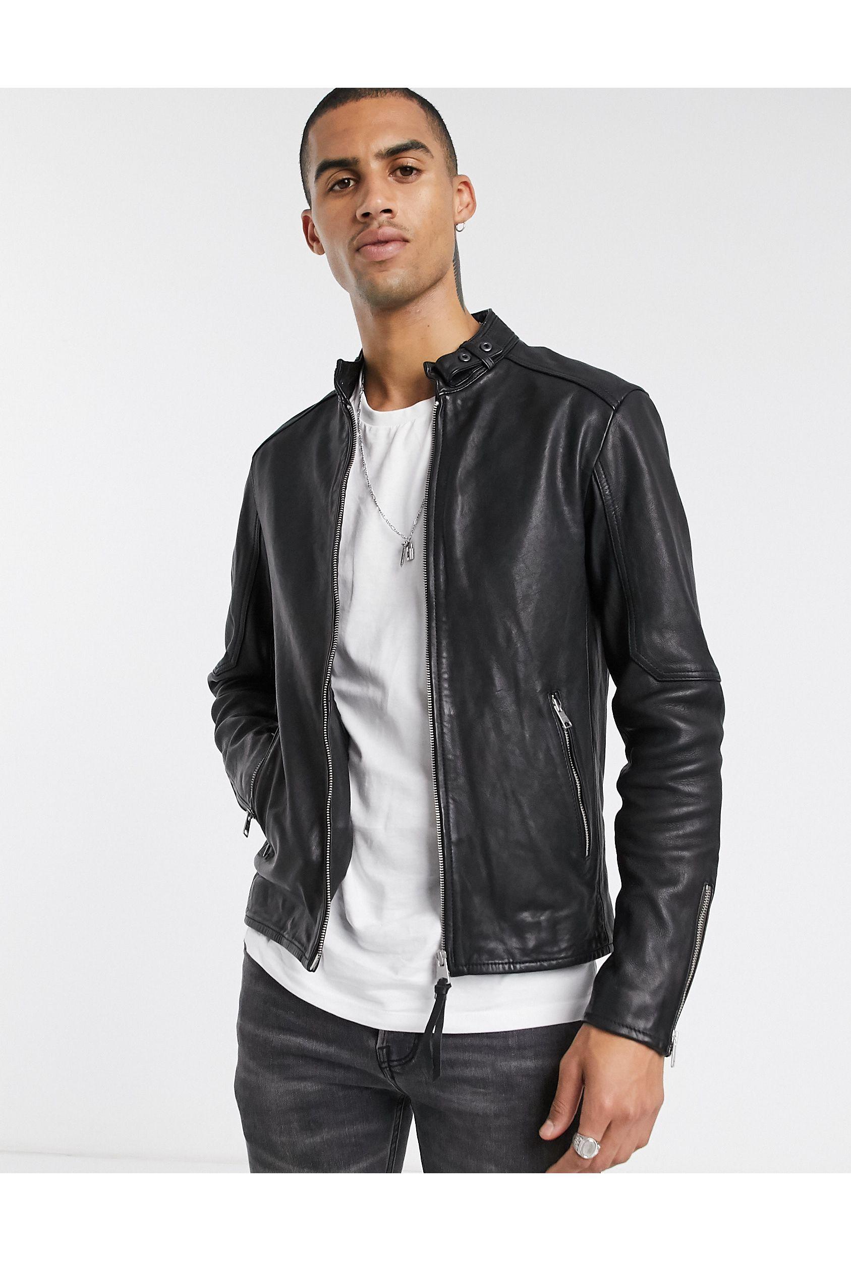 AllSaints Cora Slim Fit Zip Through Leather Jacket in Black for Men | Lyst