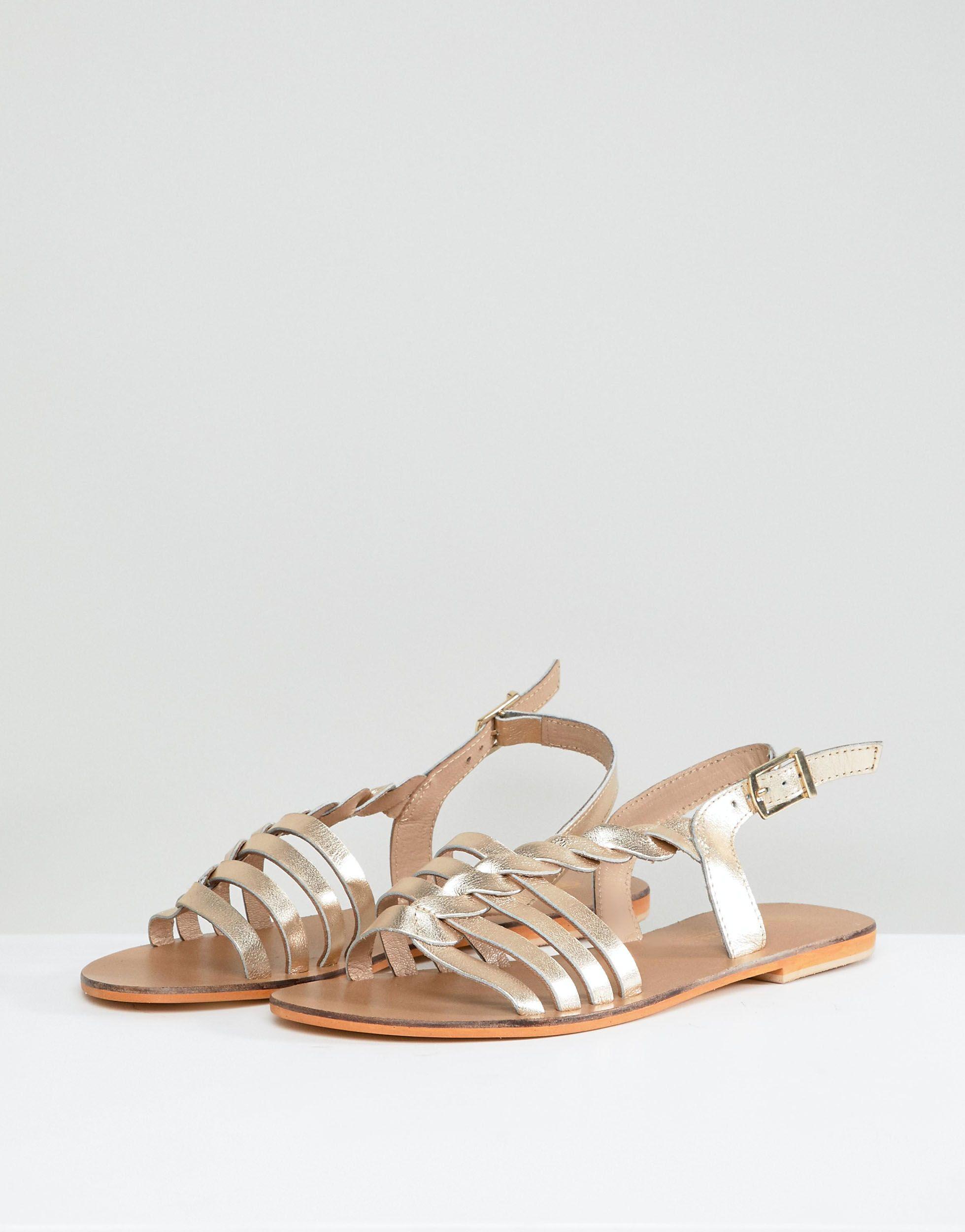 ASOS Asos Flattered Leather Plaited T-bar Flat Sandals in Gold ...