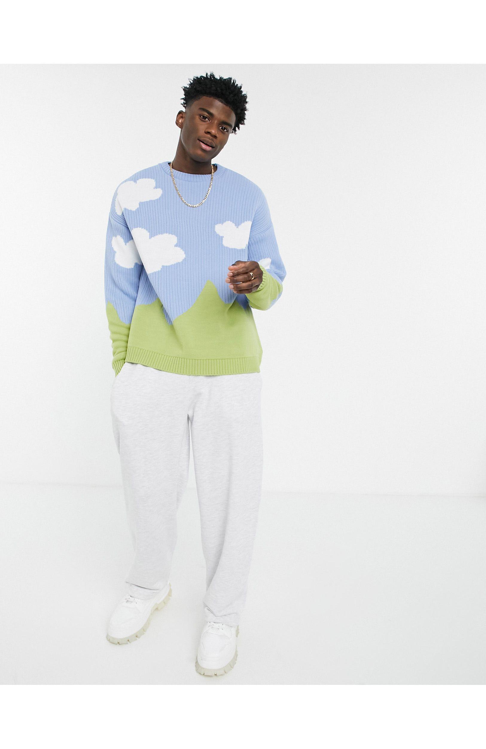 ASOS Knitted Oversized Jumper With Cloud Landscape Pattern in Blue