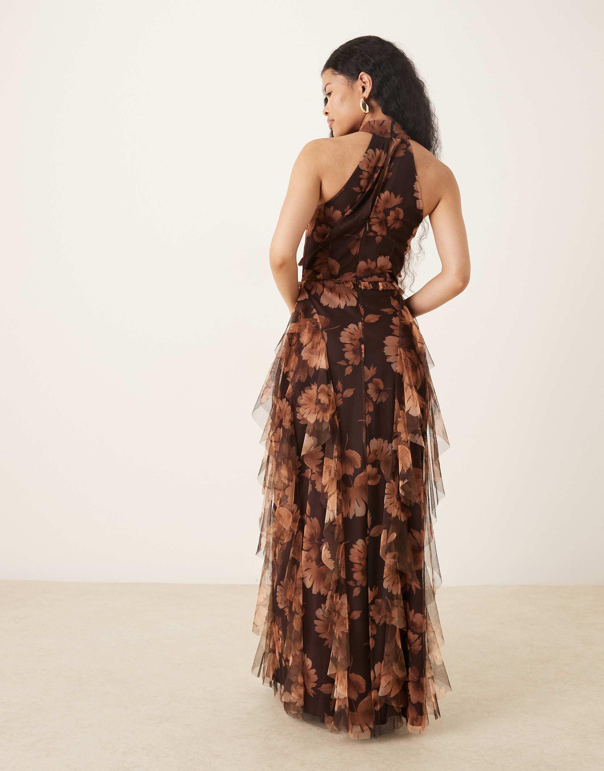 LACE & BEADS Halter Neck Ruffle Maxi Dress in Brown | Lyst LACE & BEADS Halter Neck Ruffle Maxi Dress in Brown | Lyst