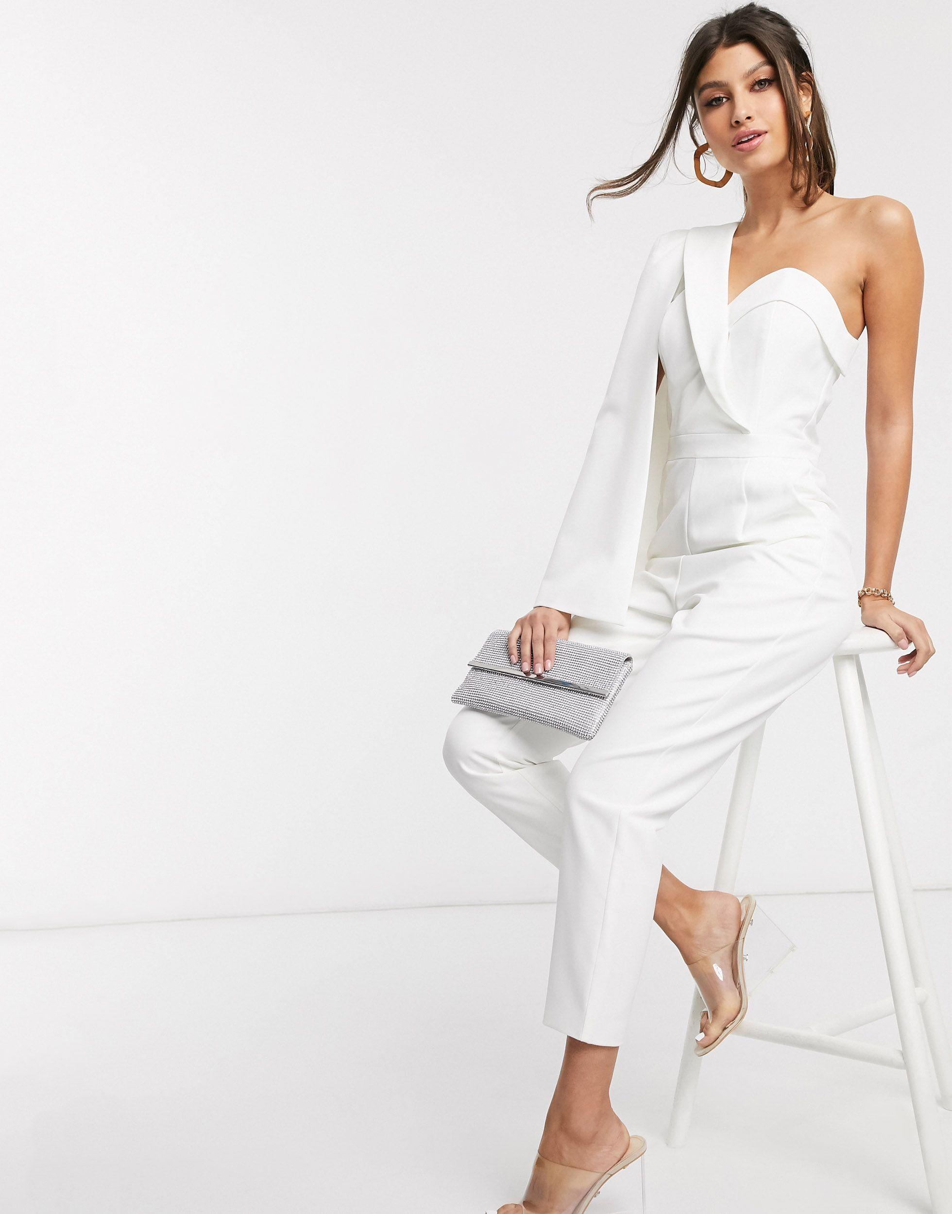 Lavish Alice Synthetic One Shoulder Cape Jumpsuit in White | Lyst