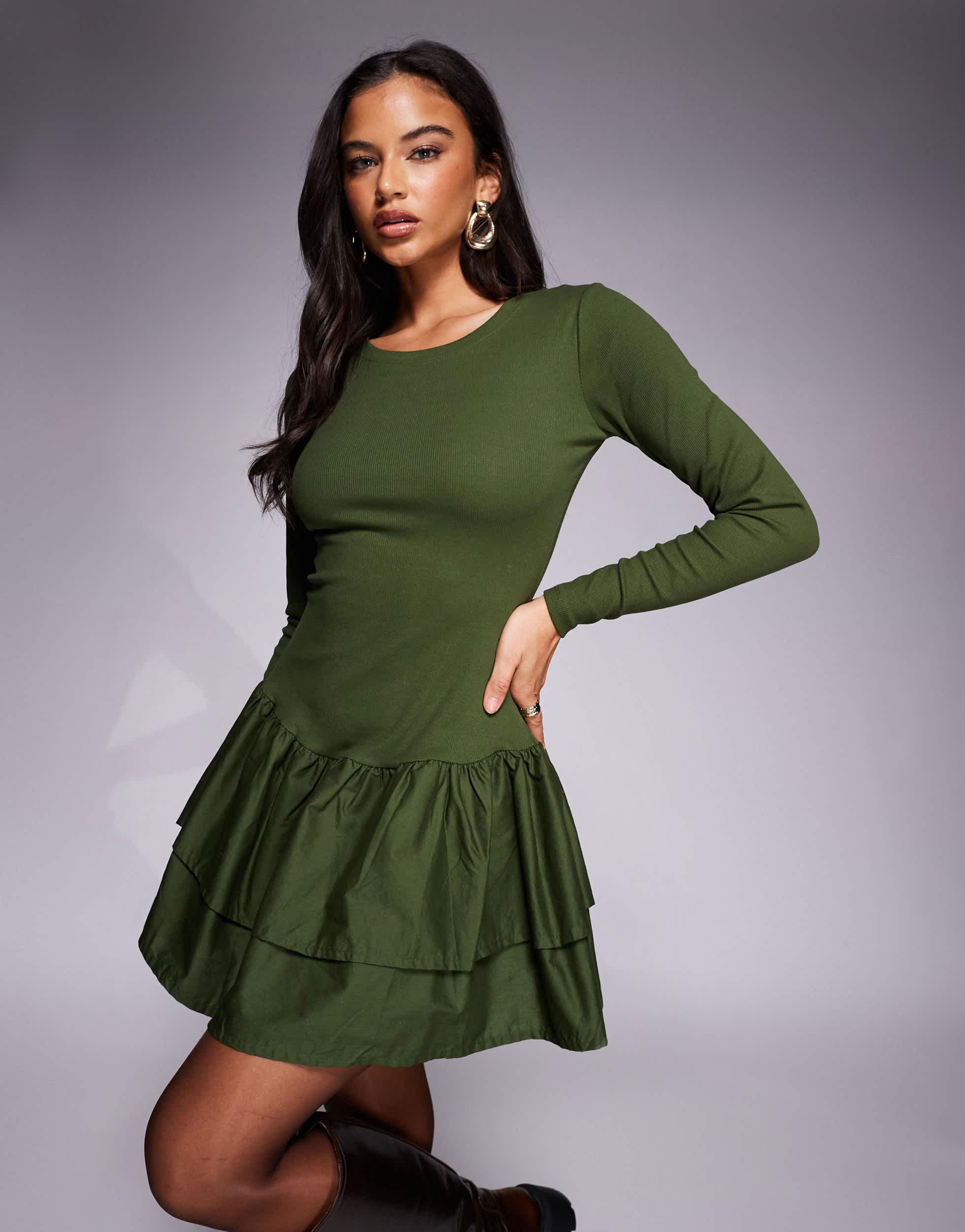 ASOS Ribbed Mini Dress With Woven Skirt in Green Lyst
