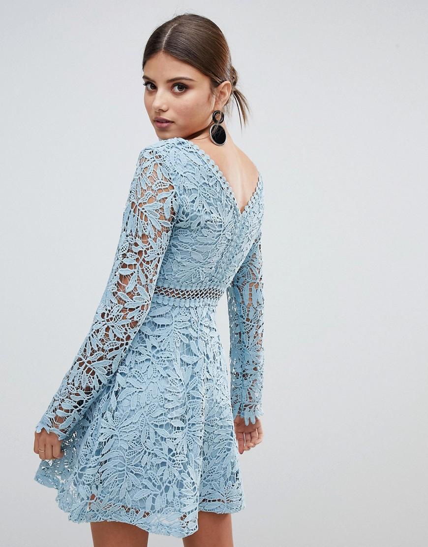 Boohoo Exclusive Crochet Lace Long Sleeve Skater Dress in Blue - Lyst