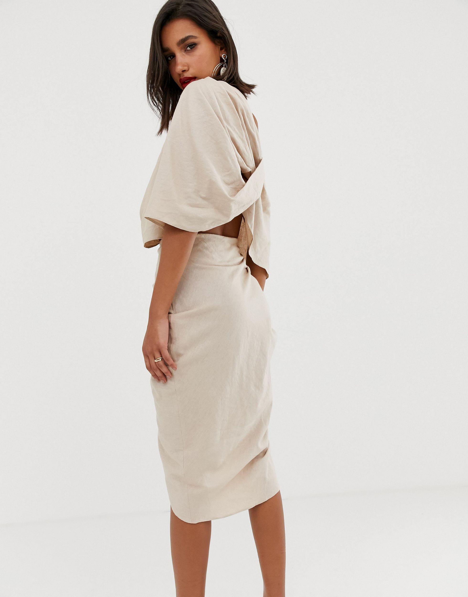 ASOS Drape Asymmetric Linen Midi Dress in Beige (Natural) - Lyst