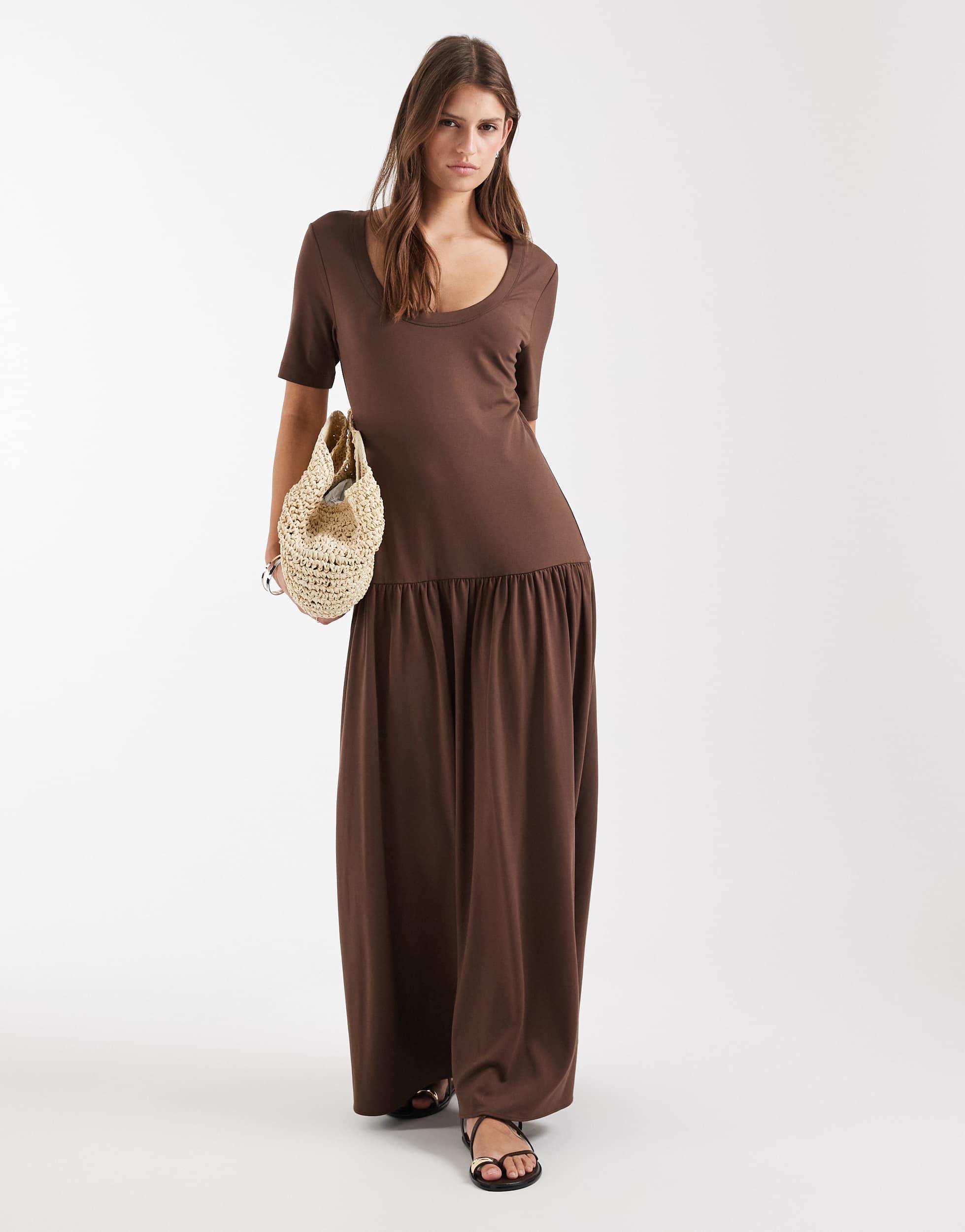 chocolate brown ruched midi dress One Shoulder Drape Satin Bridesmaid Dress