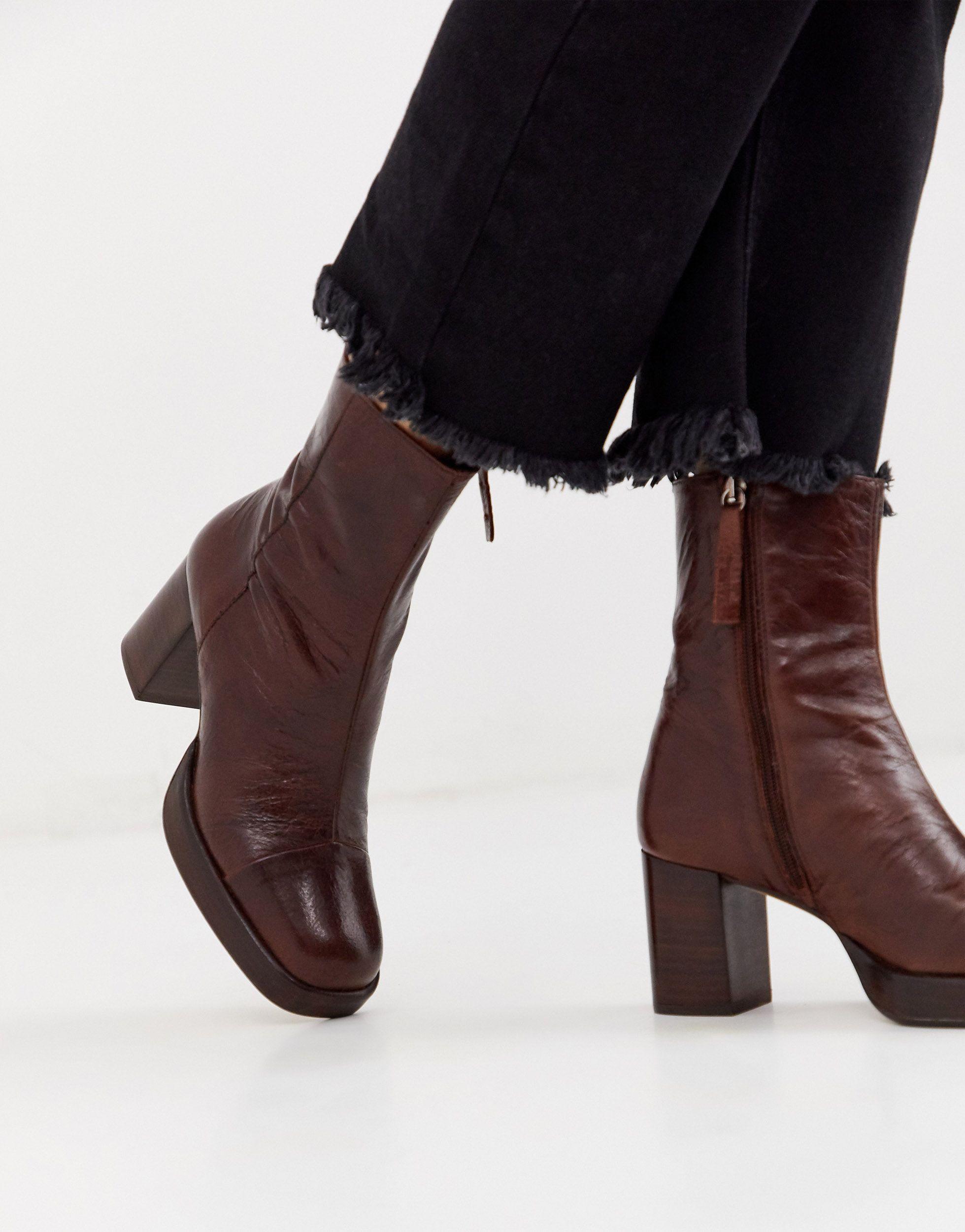 ASOS Reunion Premium Leather Platform Boots in Brown | Lyst
