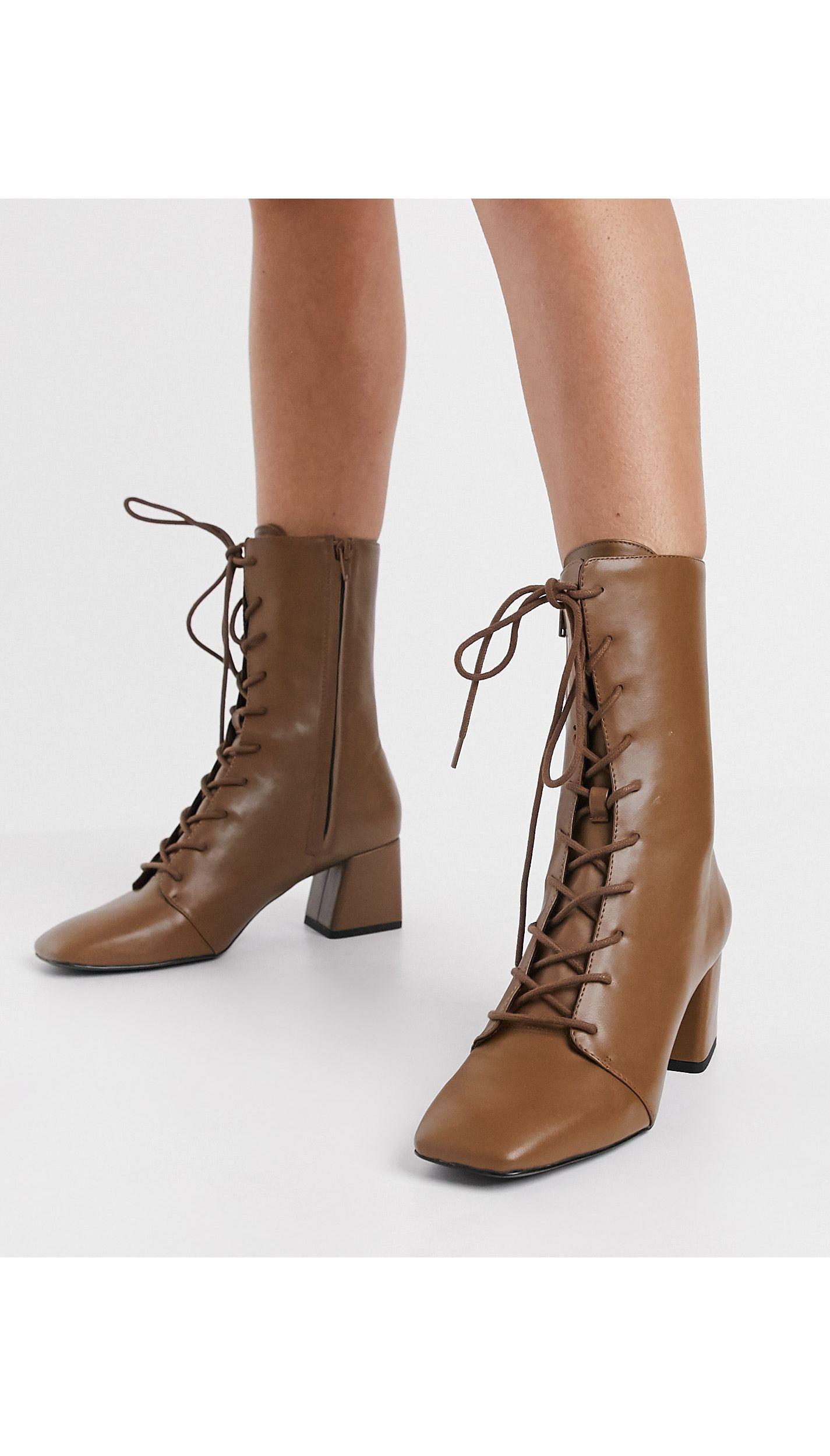 Monki Thelma Vegan Leather Lace Up Heeled Boot in Brown | Lyst