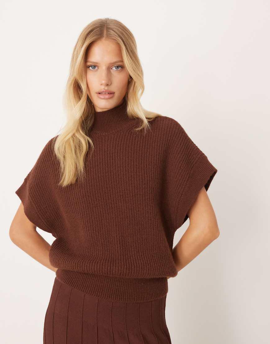 Mango High Neck Short Sleeve Knitted Co-ord Top in Brown Lyst UK