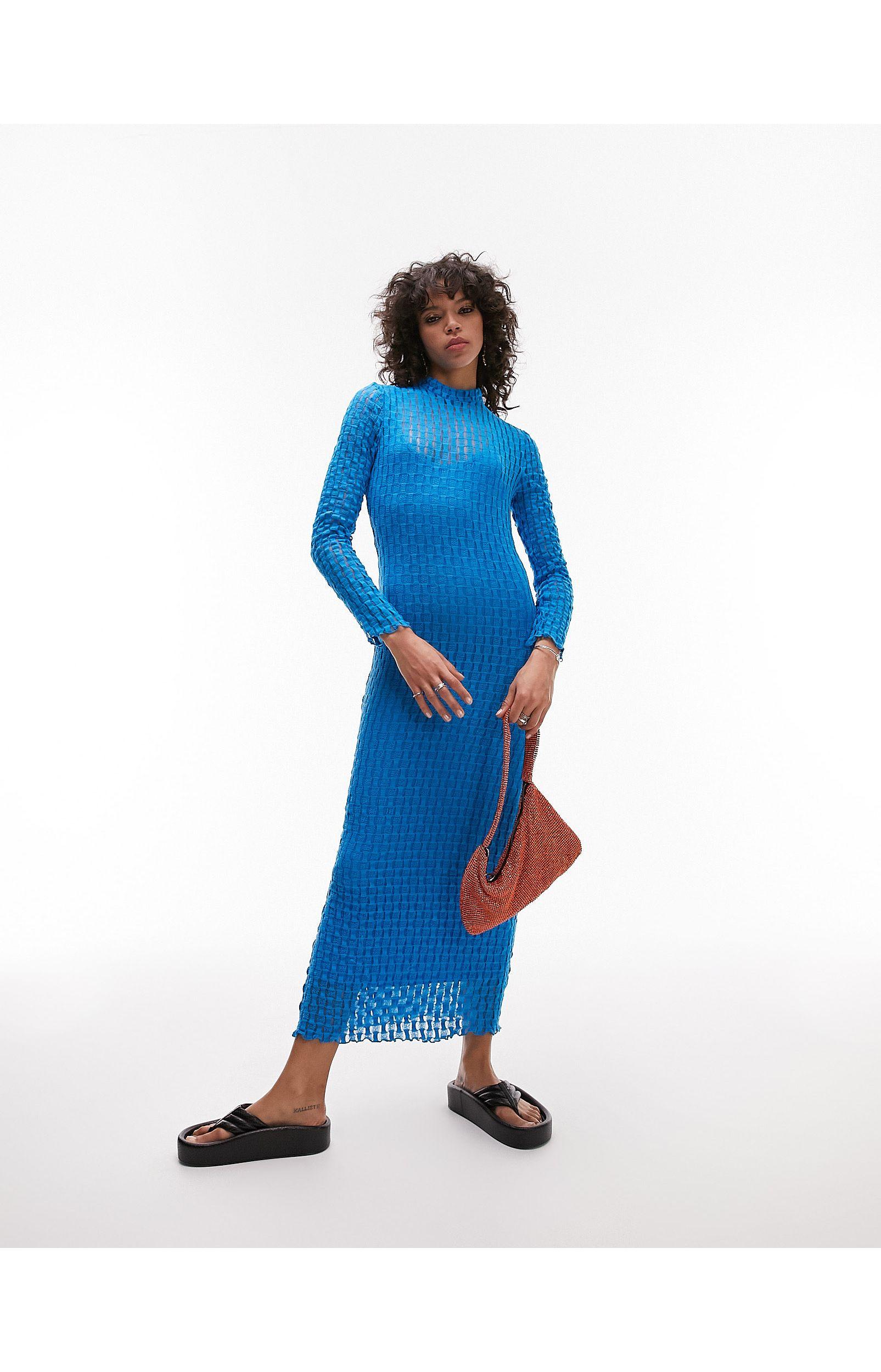 TOPSHOP Textured Long Sleeve Lace Jersey Midi Dress in Blue Lyst